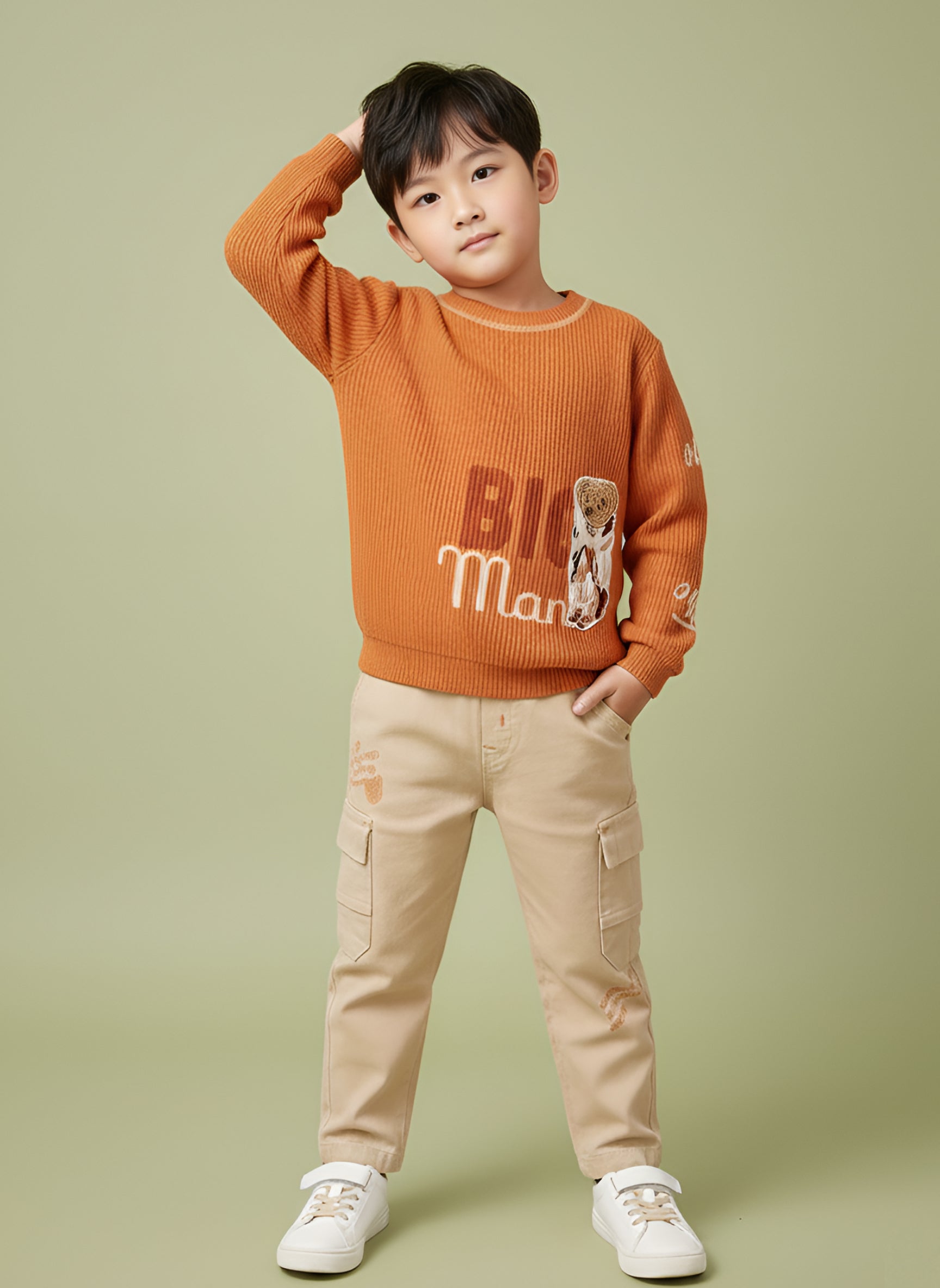 Boys Winter Outfit Set – Warm Sweatshirt & Thick Cargo Pants | Blue & Orange