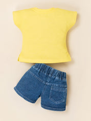 Girls Flower Applique T-Shirt & Denim Shorts Set