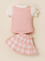 Girls Vest & Checkered Skirt Set with Top