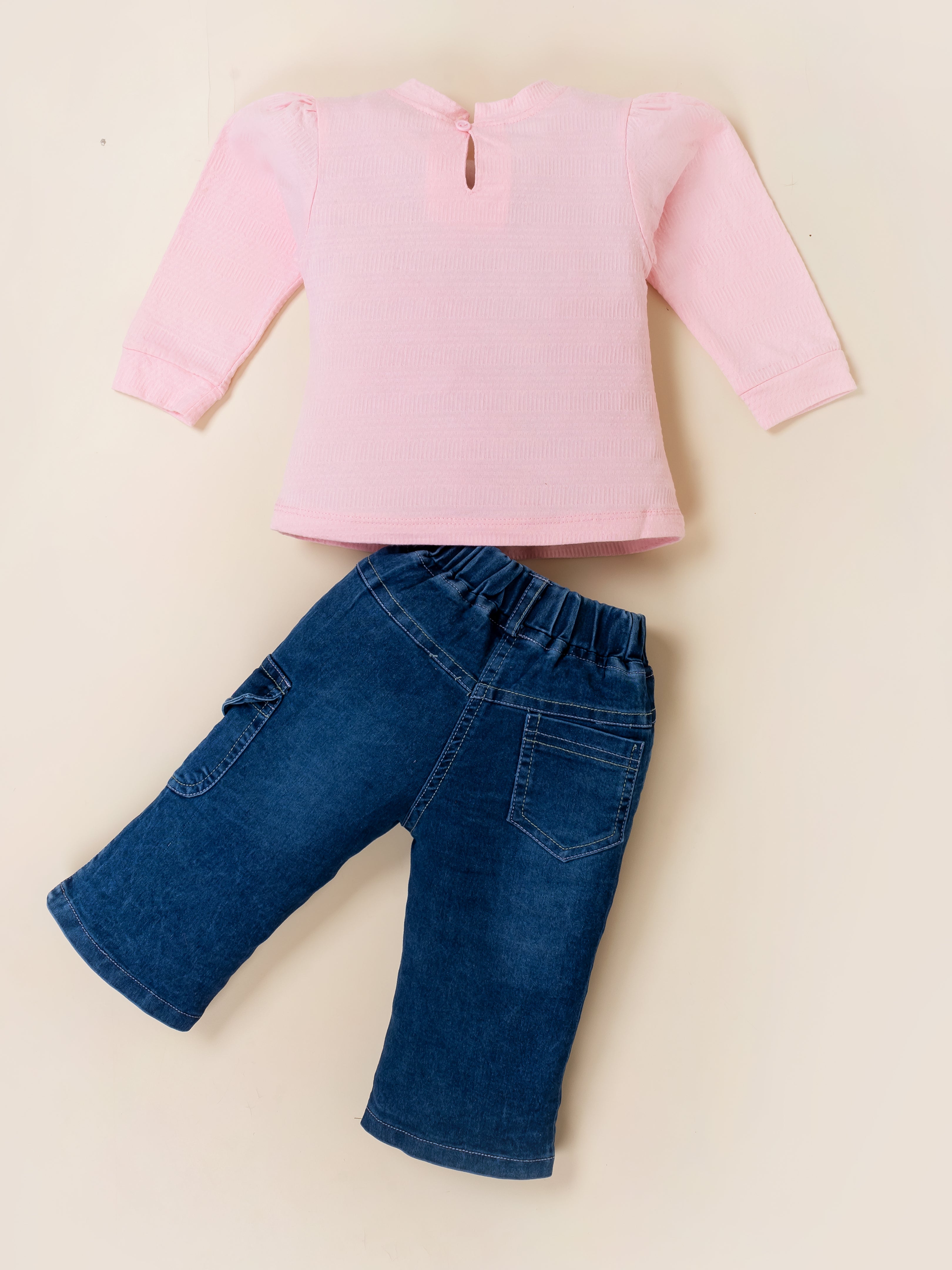 Girls Top with Denim Cargo Pants & Sling Bag Set