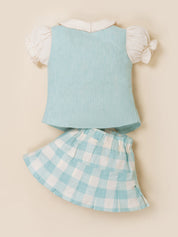 Girls Vest & Checkered Skirt Set with Top