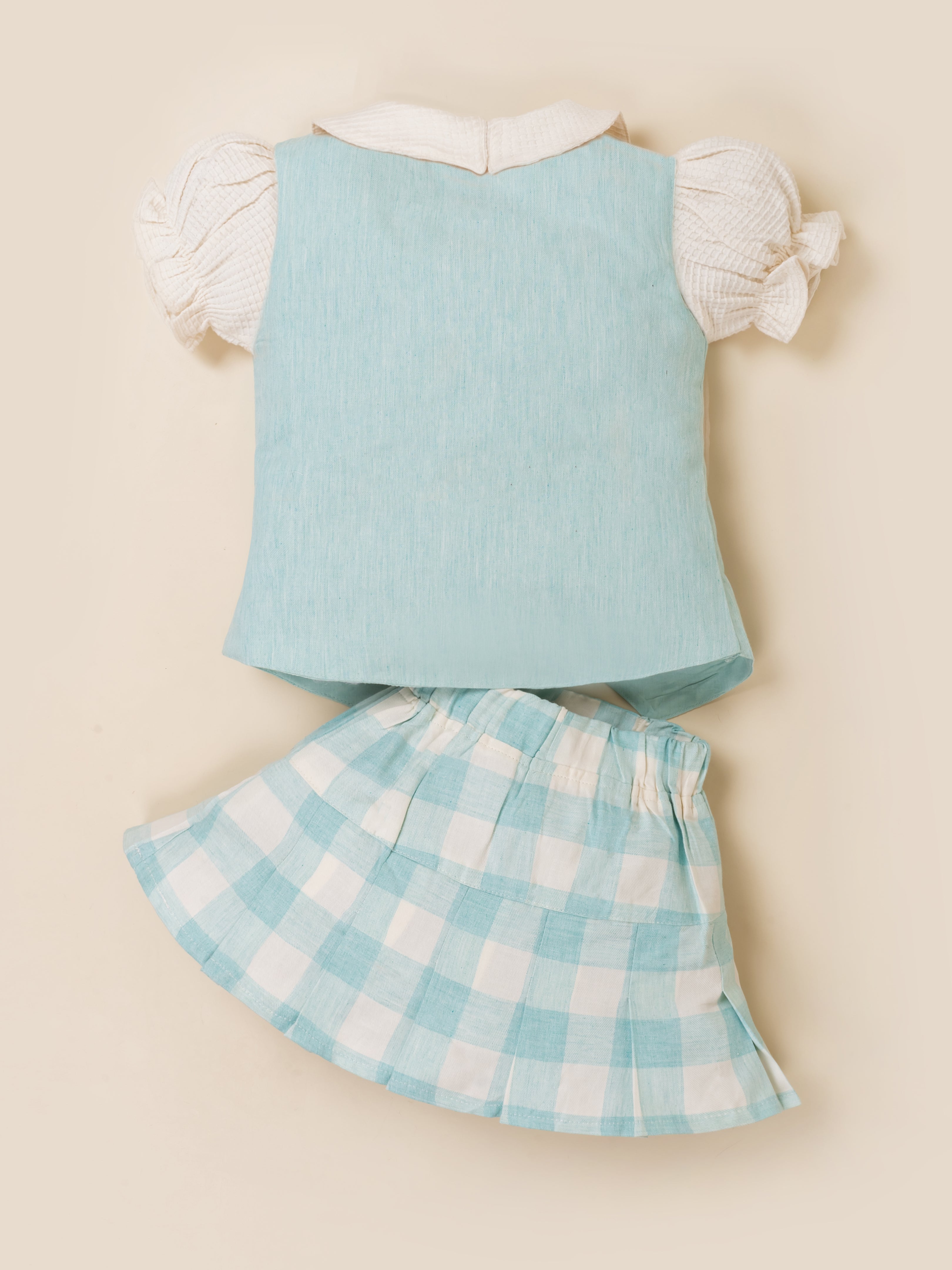 Girls Vest & Checkered Skirt Set with Top