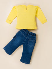 Girls Top with Denim Cargo Pants & Sling Bag Set