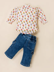 Girls Jacket, Printed Top & Wide Leg Cargo Jeans Clothing Set