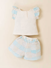 Girls Printed Knit Top with Woven Check Shorts