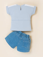 Girls Bunny Print Top with Denim Shorts Clothing Set