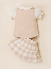 Girls Vest & Checkered Skirt Set with Top