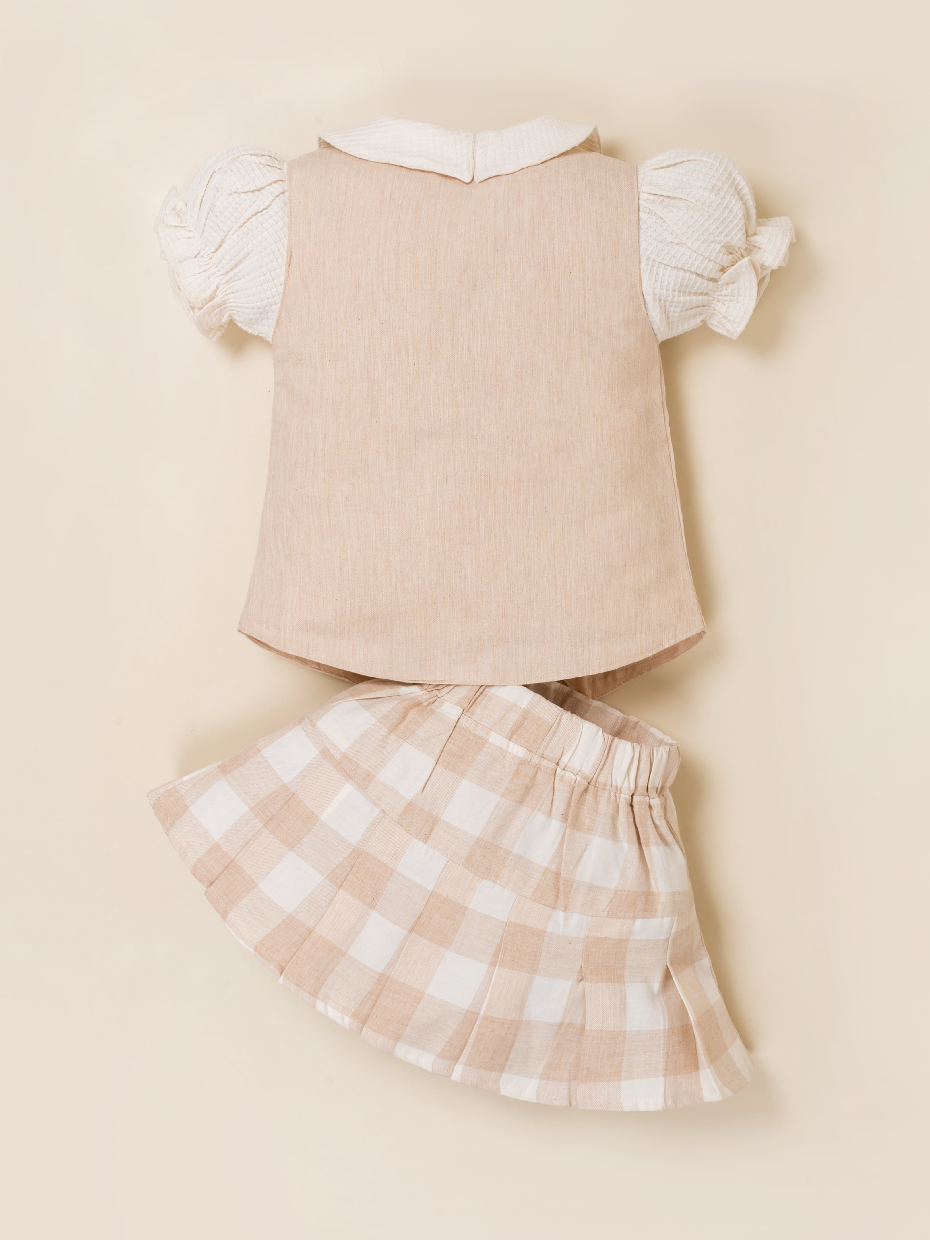 Girls Vest & Checkered Skirt Set with Top