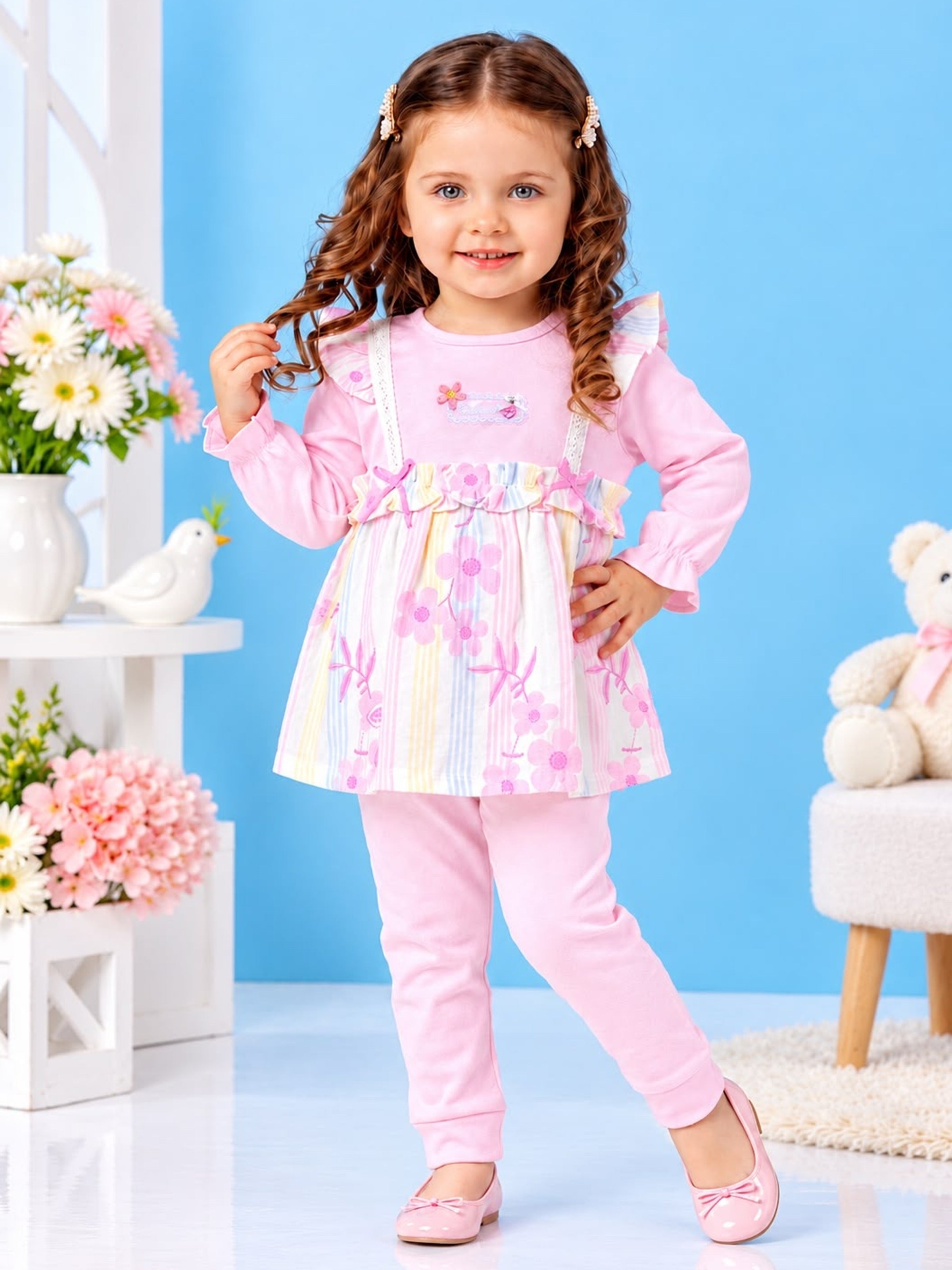Baby Girls Floral Print Frock Top with Bottom Set