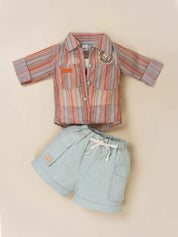 Girls Striped Jacket, Graphic Tee & Denim Shorts Set