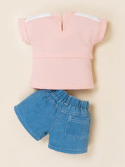 Girls Bunny Print Top with Denim Shorts Clothing Set