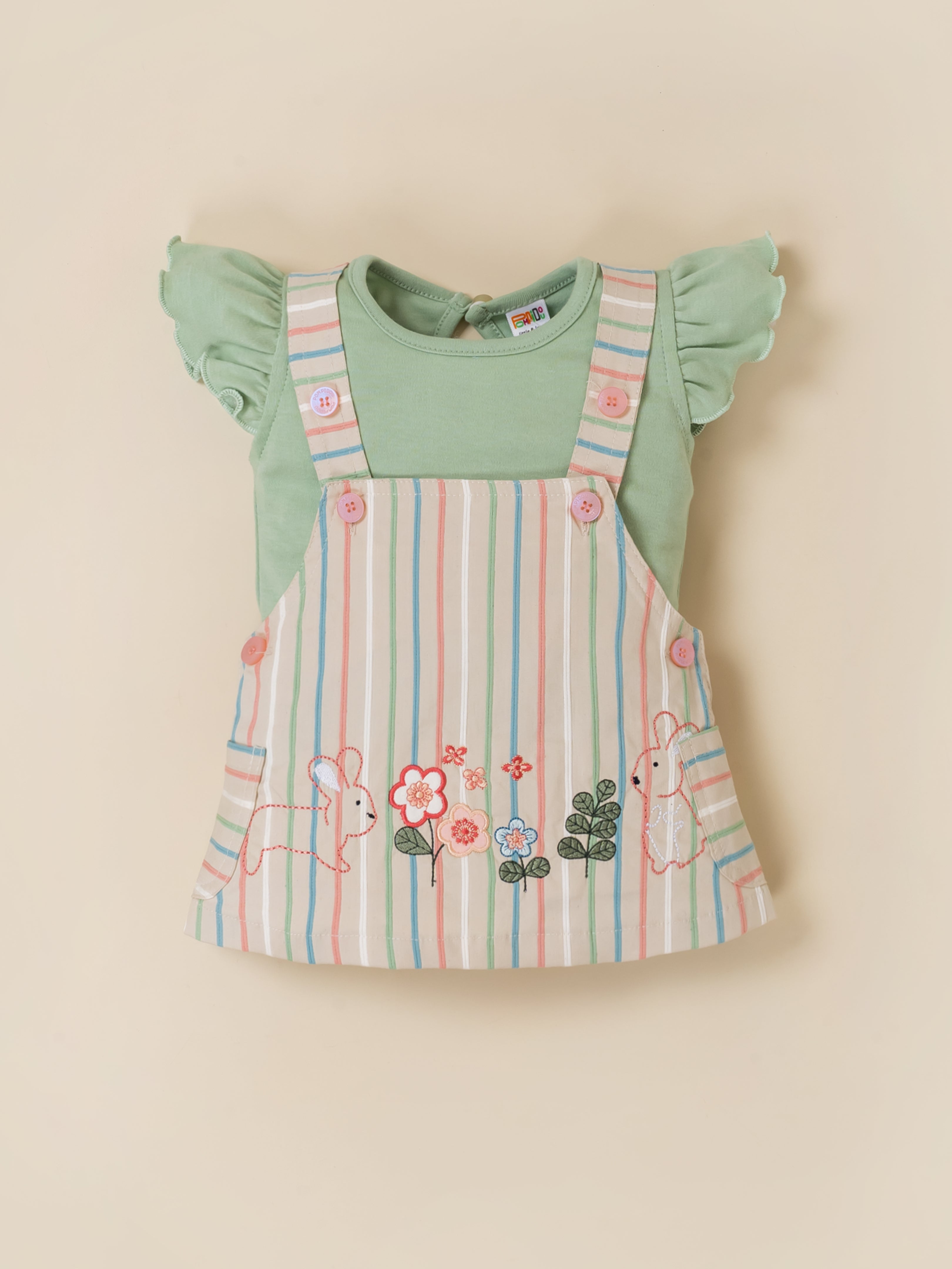 Baby Girls Sweet Bunny Pastel Stripe Overall Dress