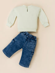 Girls Sweatshirt with Wide Leg Denim Cargo Jeans Set