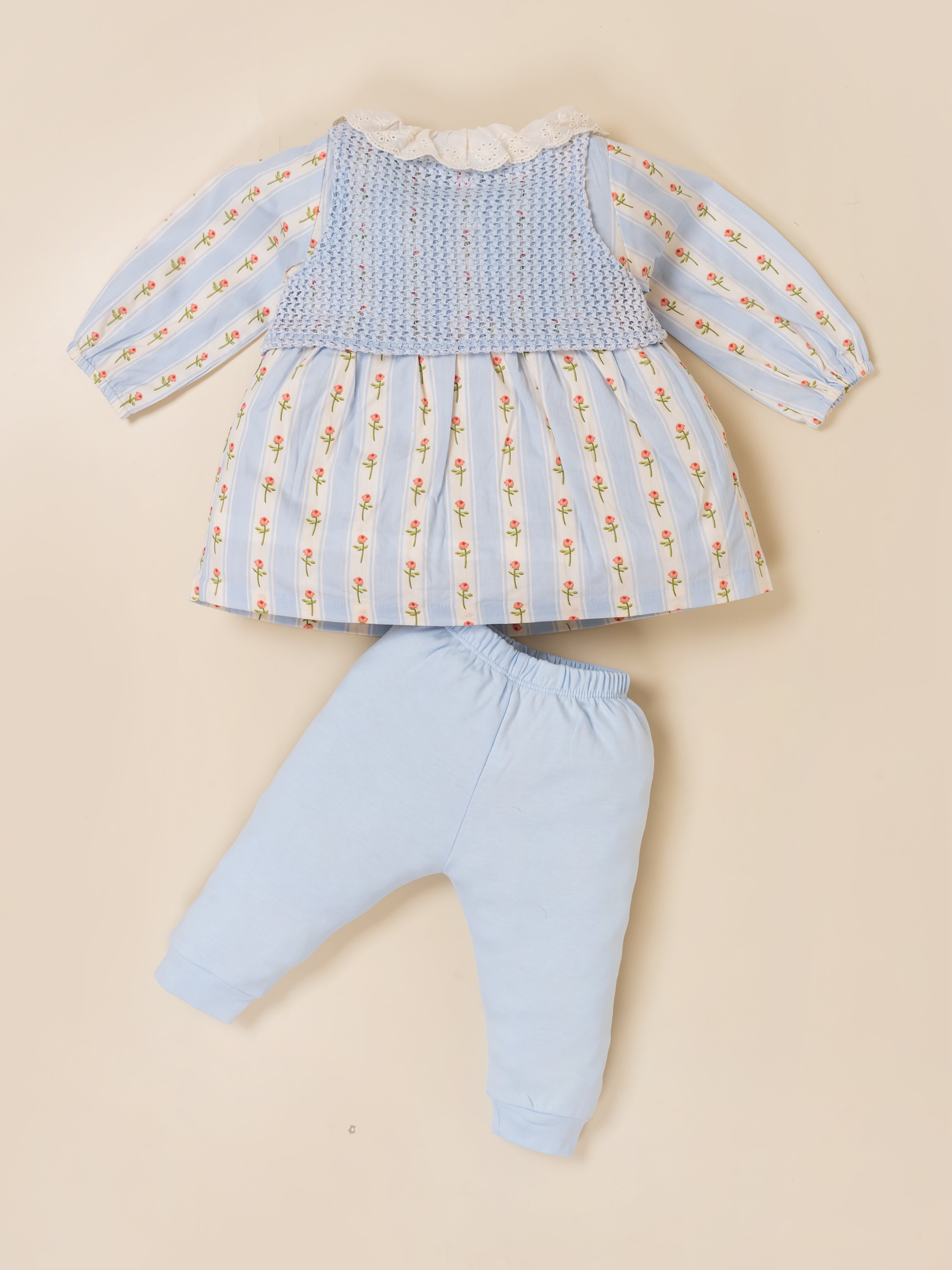 Baby Girls Floral Print Top with Knit Vest & Bottom Set