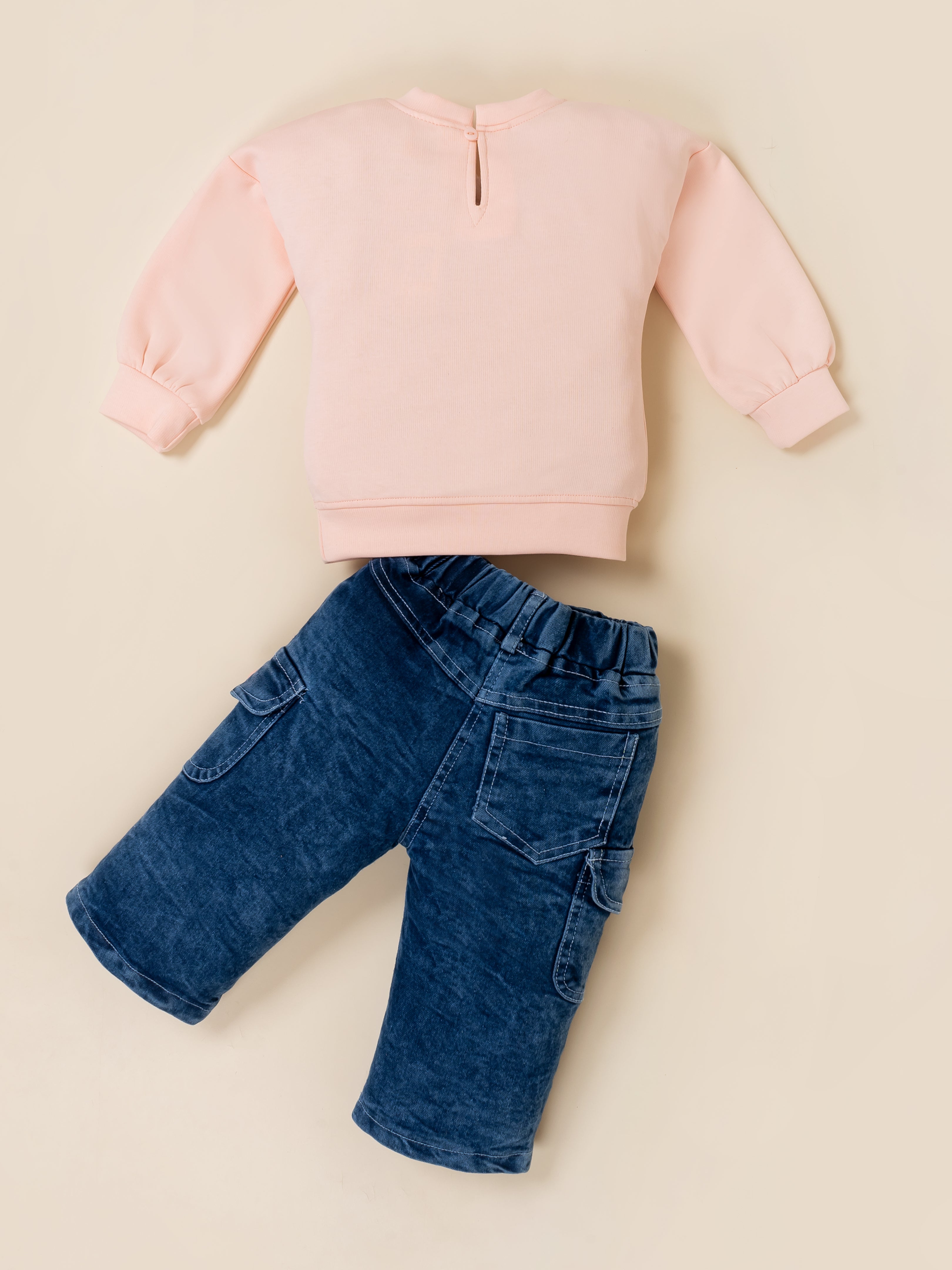 Girls Sweatshirt with Wide Leg Denim Cargo Jeans Set
