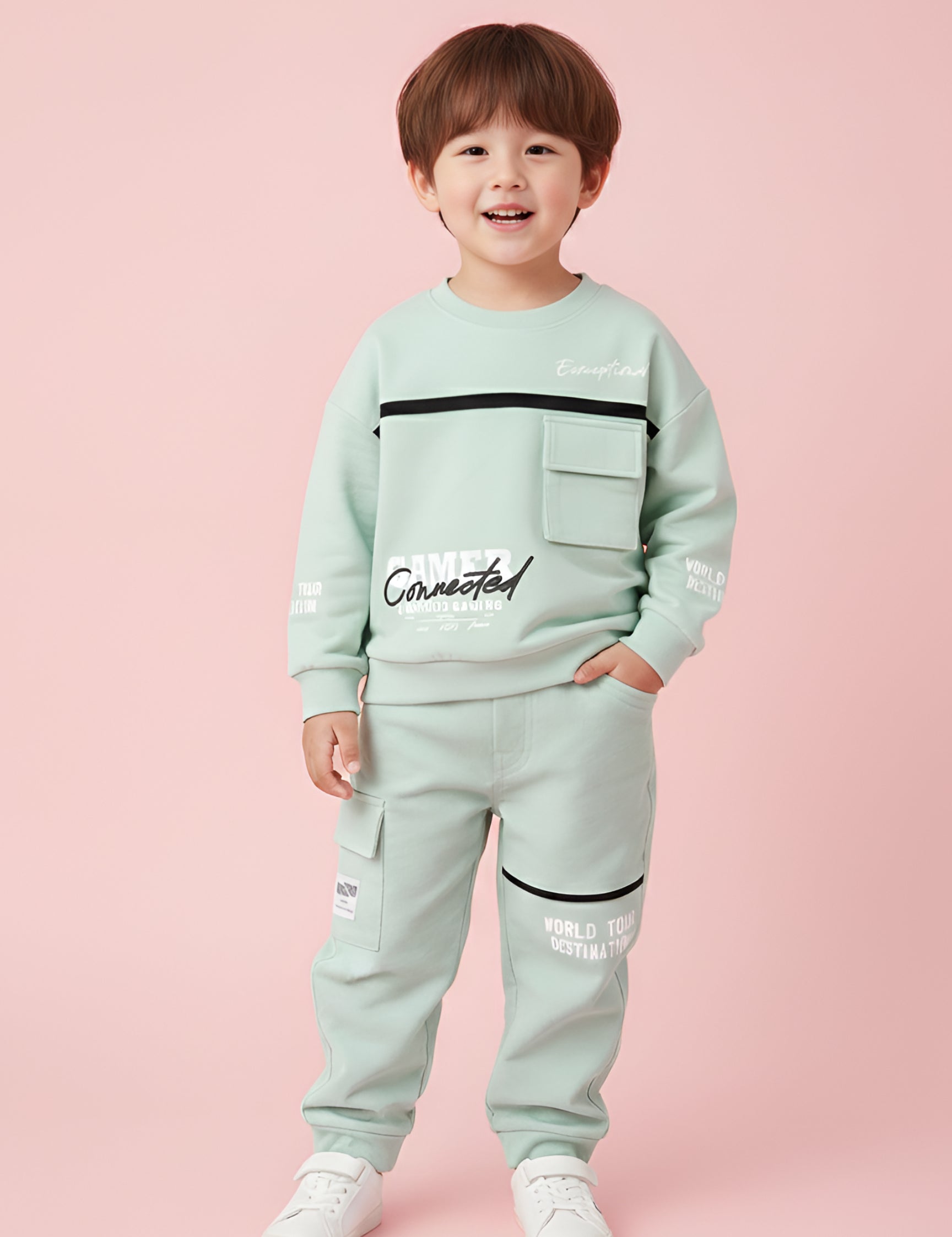 Boys Winter Outfit Set – Warm Sweatshirt & Pant | Black & Pink & Mint