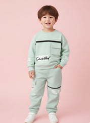 Boys Winter Outfit Set – Warm Sweatshirt & Pant | Black & Pink & Mint