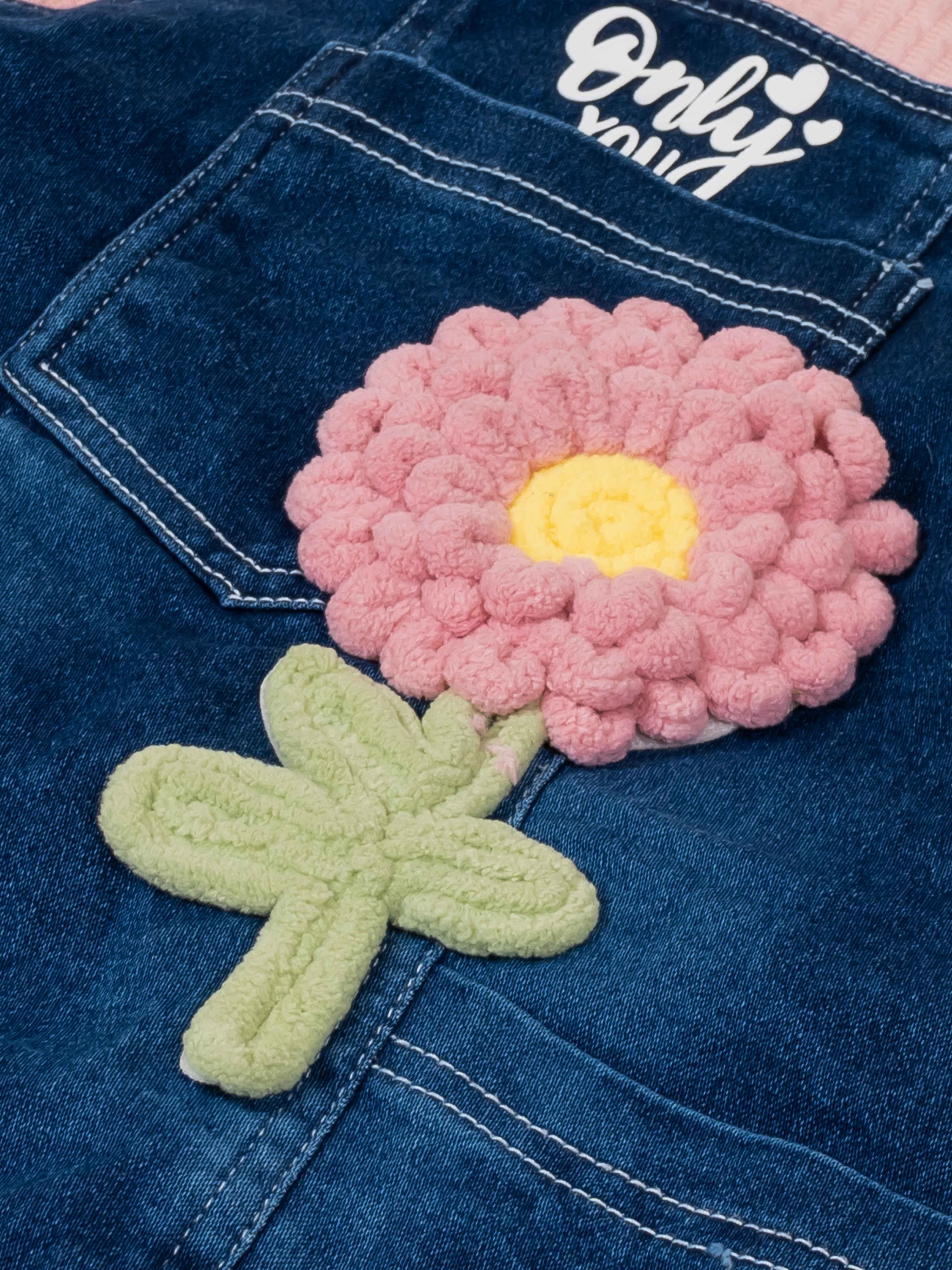 Girls Flower Denim Dungaree Dress