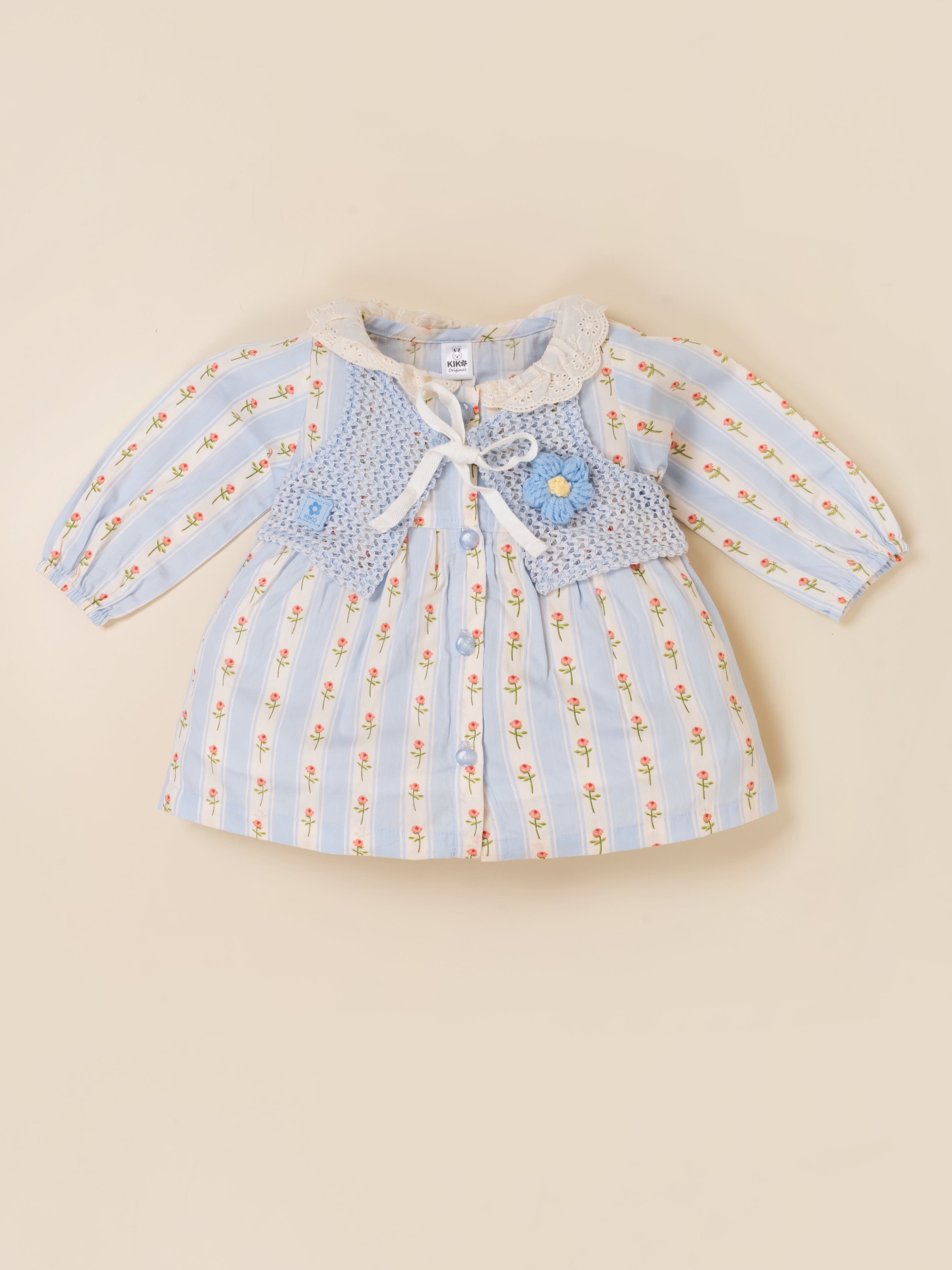 Baby Girls Floral Print Top with Knit Vest & Bottom Set