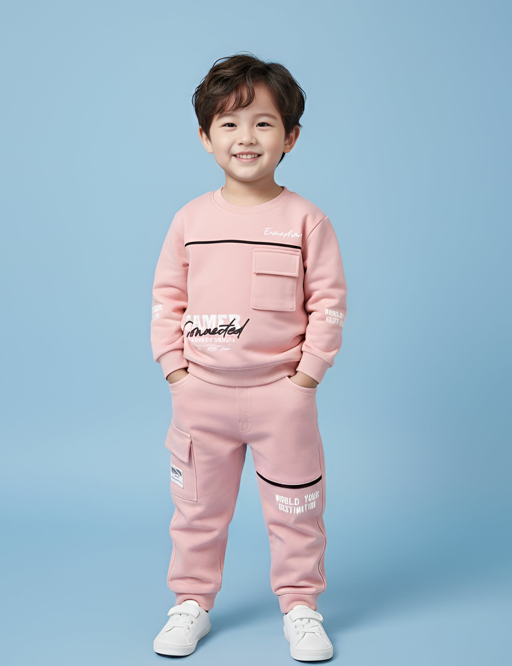 Boys Winter Outfit Set – Warm Sweatshirt & Pant | Black & Pink & Mint
