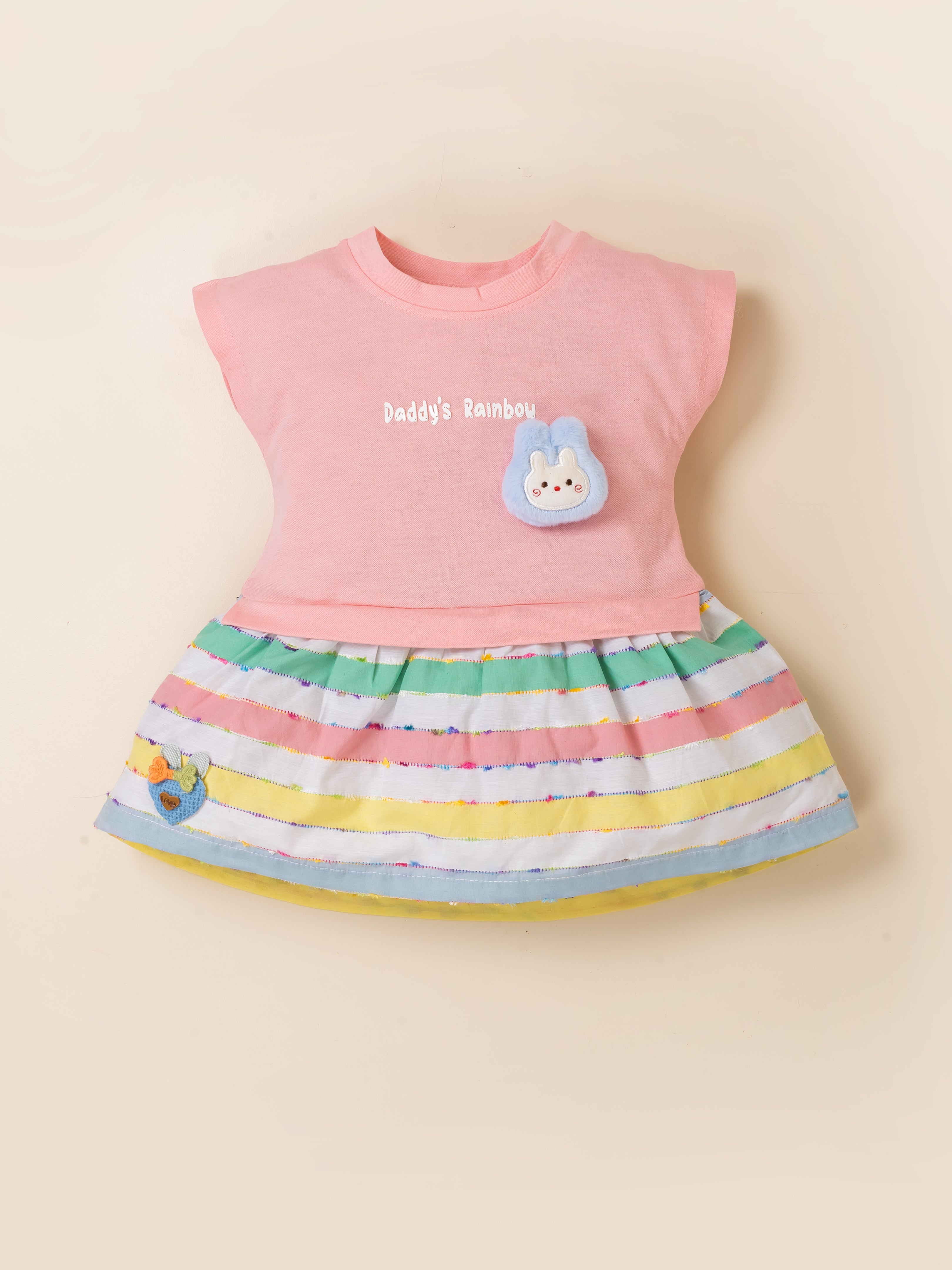 Baby Girl Cotton Frock Set with Rainbow Striped