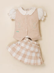 Girls Vest & Checkered Skirt Set with Top