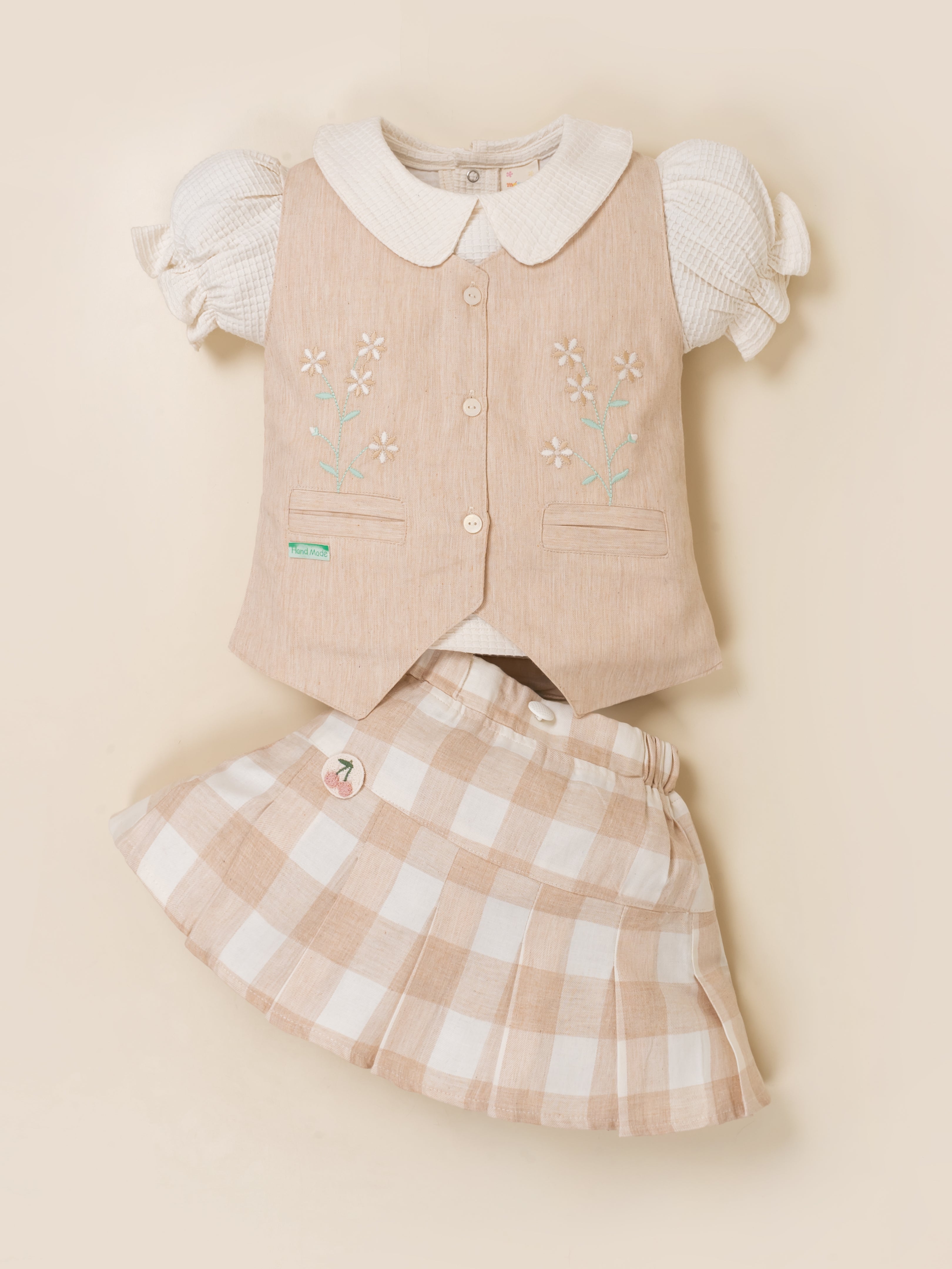 Girls Vest & Checkered Skirt Set with Top