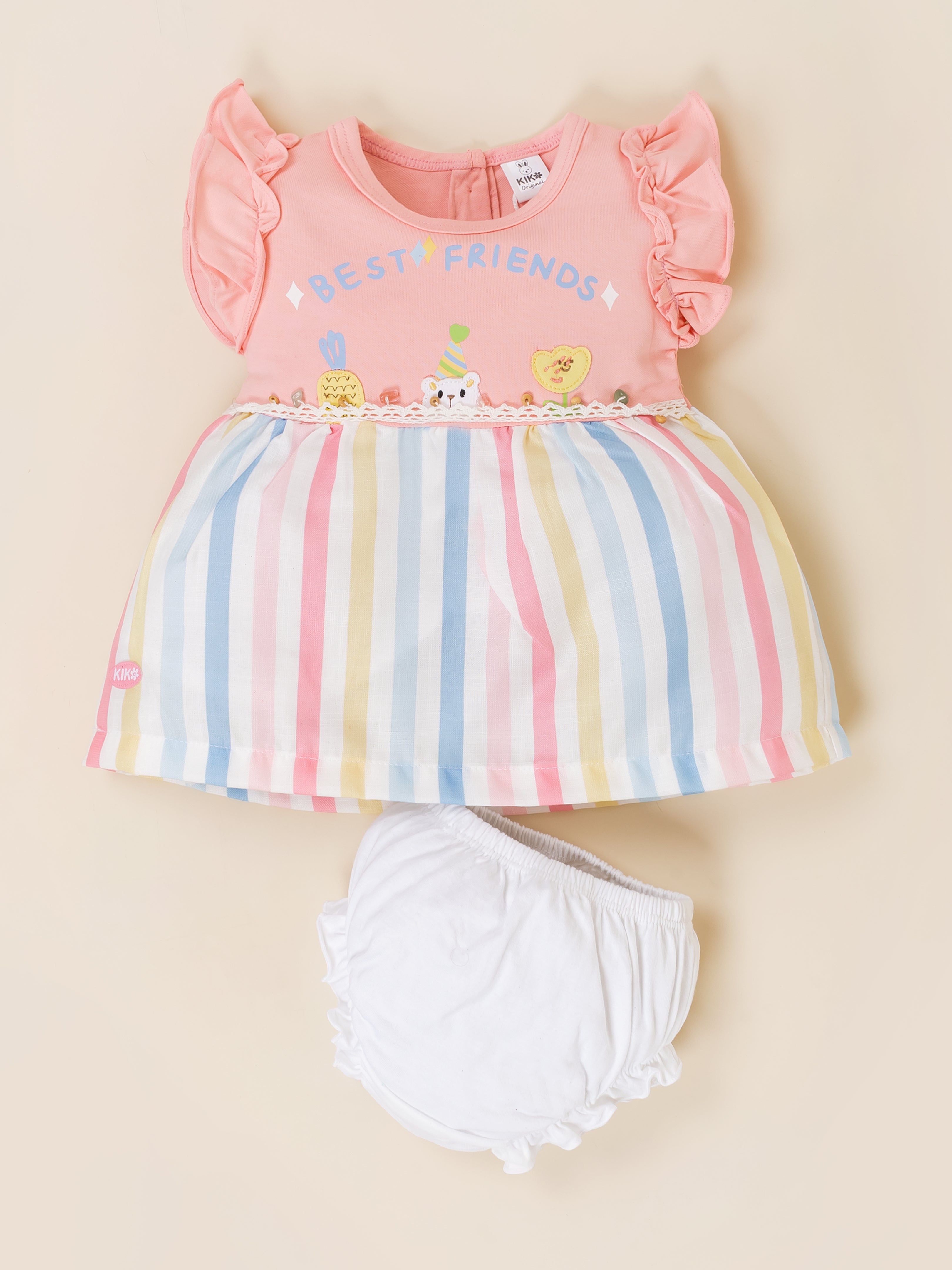 Infant Rainbow Striped Casual Frock with Panty Set