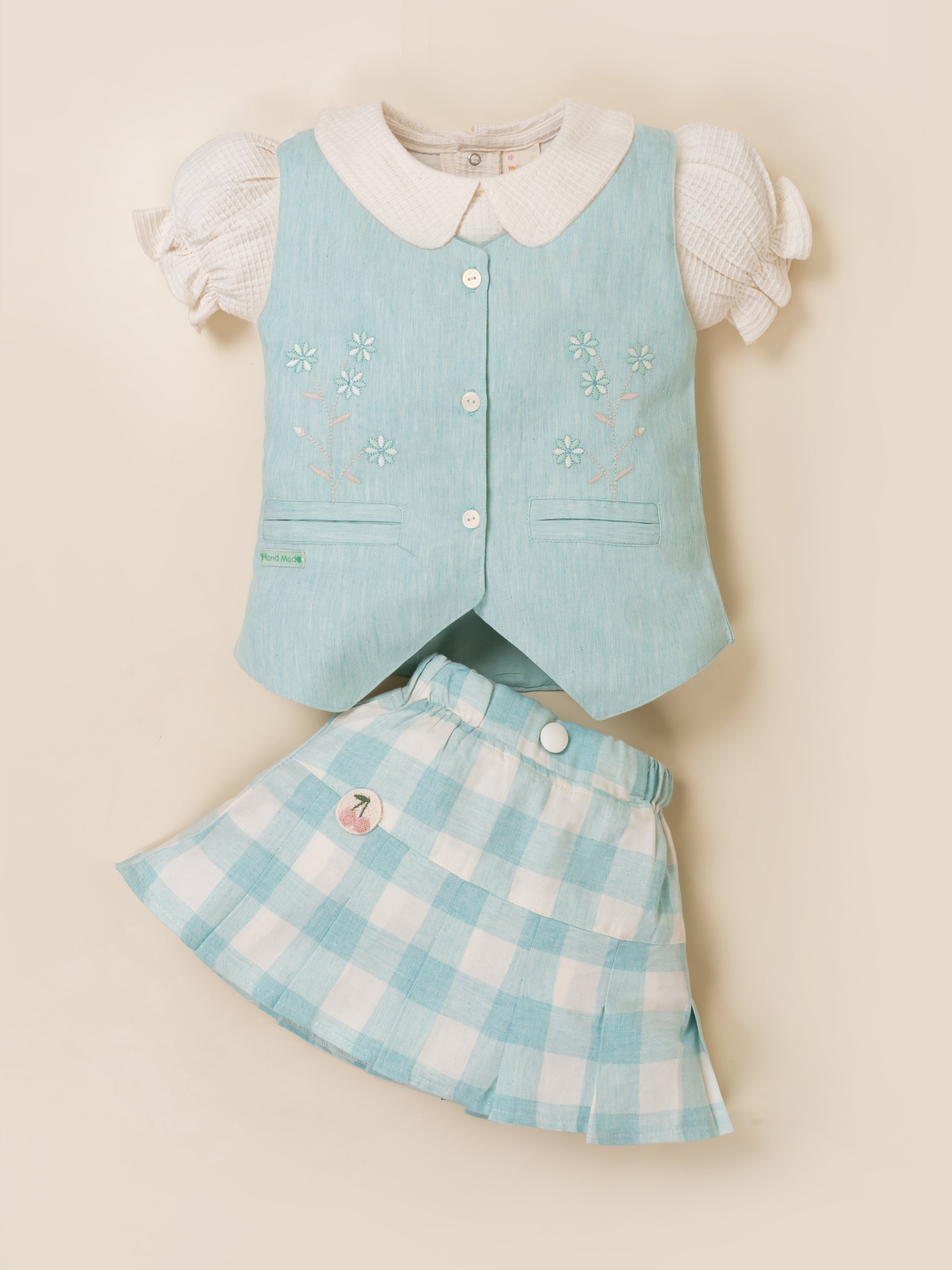Girls Vest & Checkered Skirt Set with Top