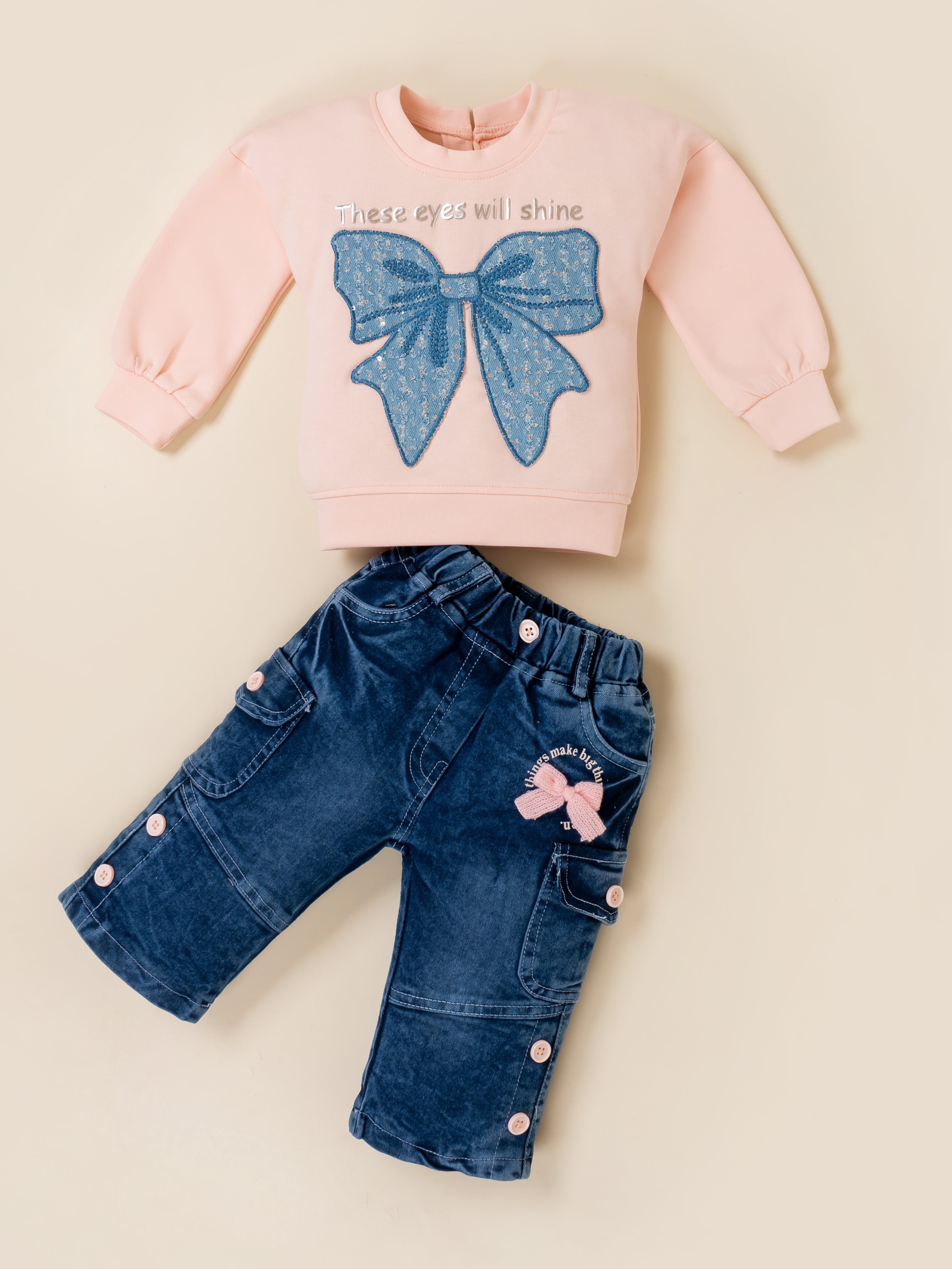 Girls Sweatshirt with Wide Leg Denim Cargo Jeans Set