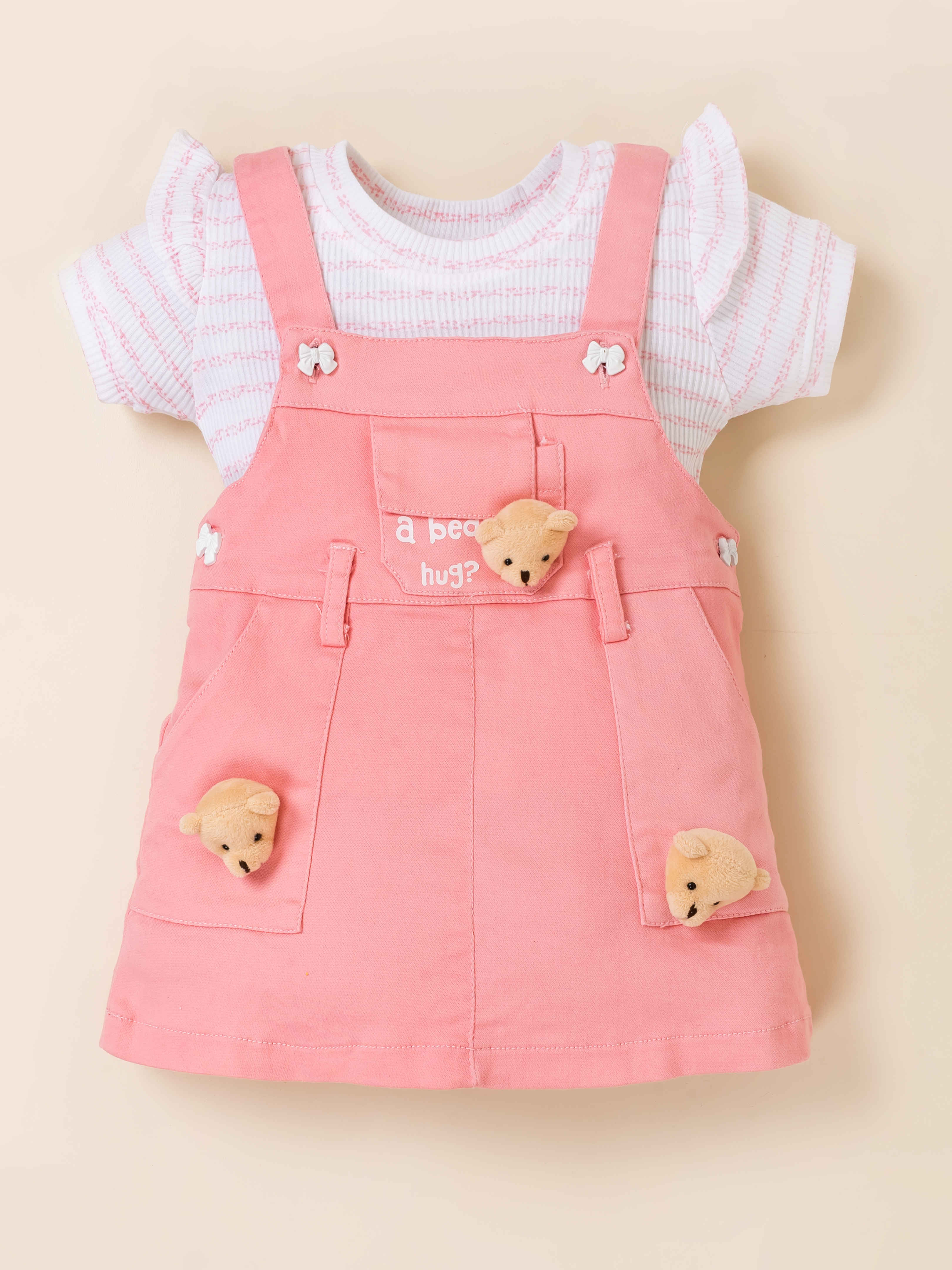 Girls Teddy Applique Dungaree Dress Set