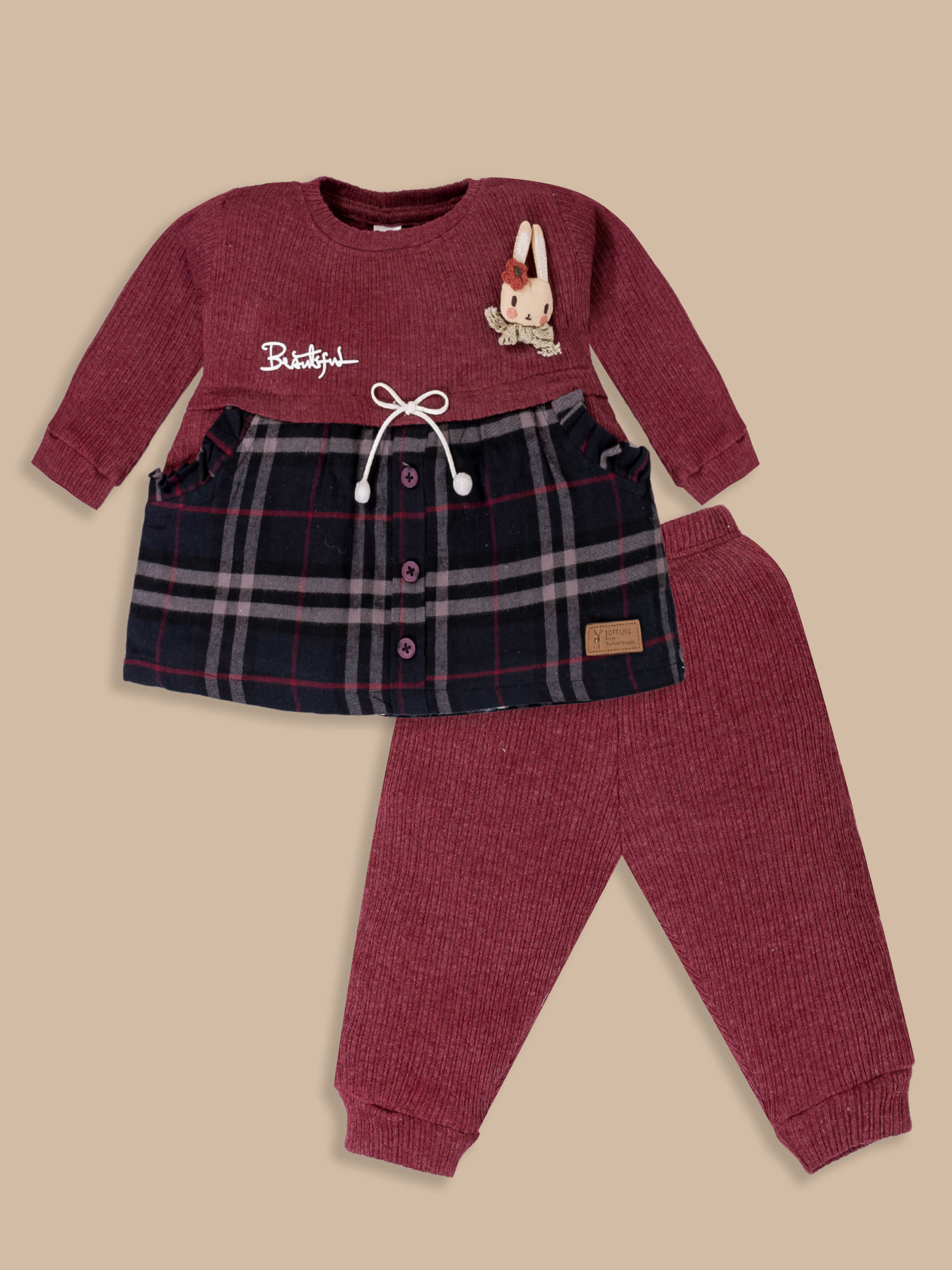 Toddler Girls’ Two-Piece Ribbed Knit Set – Maroon Tunic with Plaid Skirt Overlay and Matching Leggings