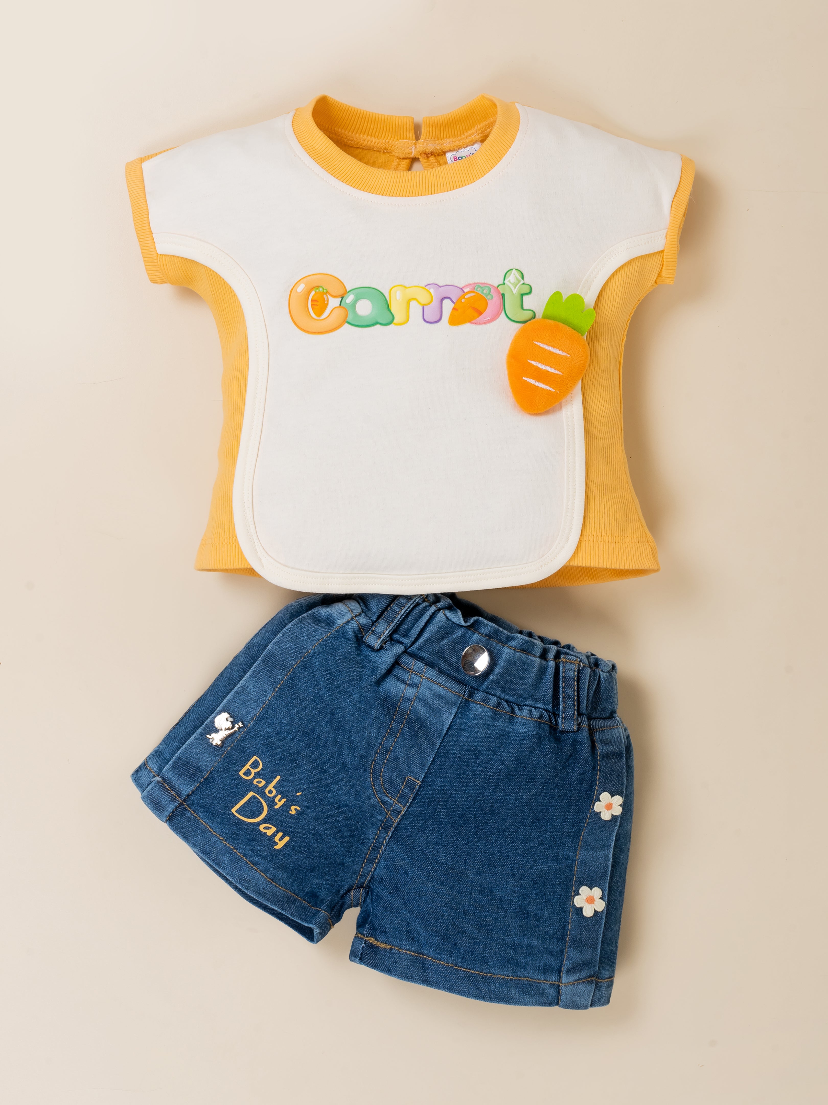 Girls Carrot Applique Top & Denim Shorts Set