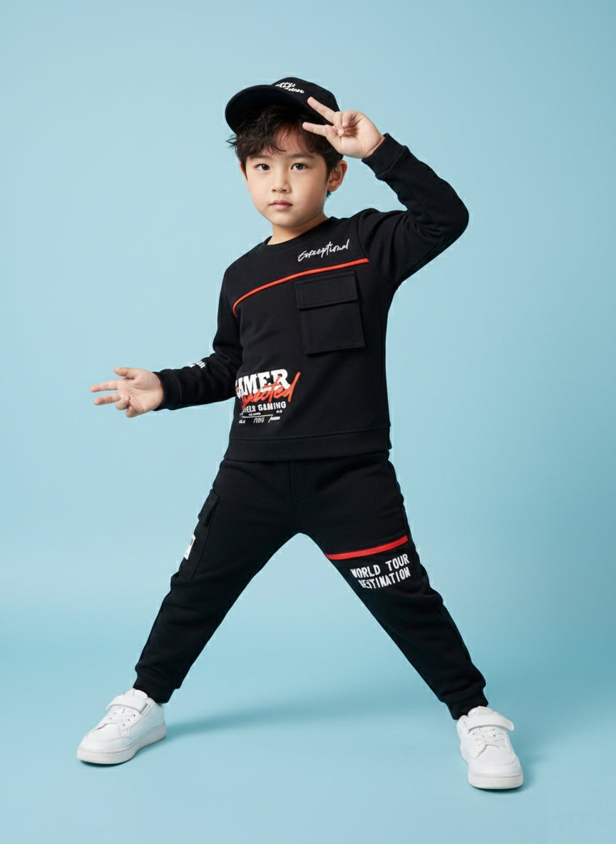 Boys Winter Outfit Set – Warm Sweatshirt & Pant | Black & Pink & Mint