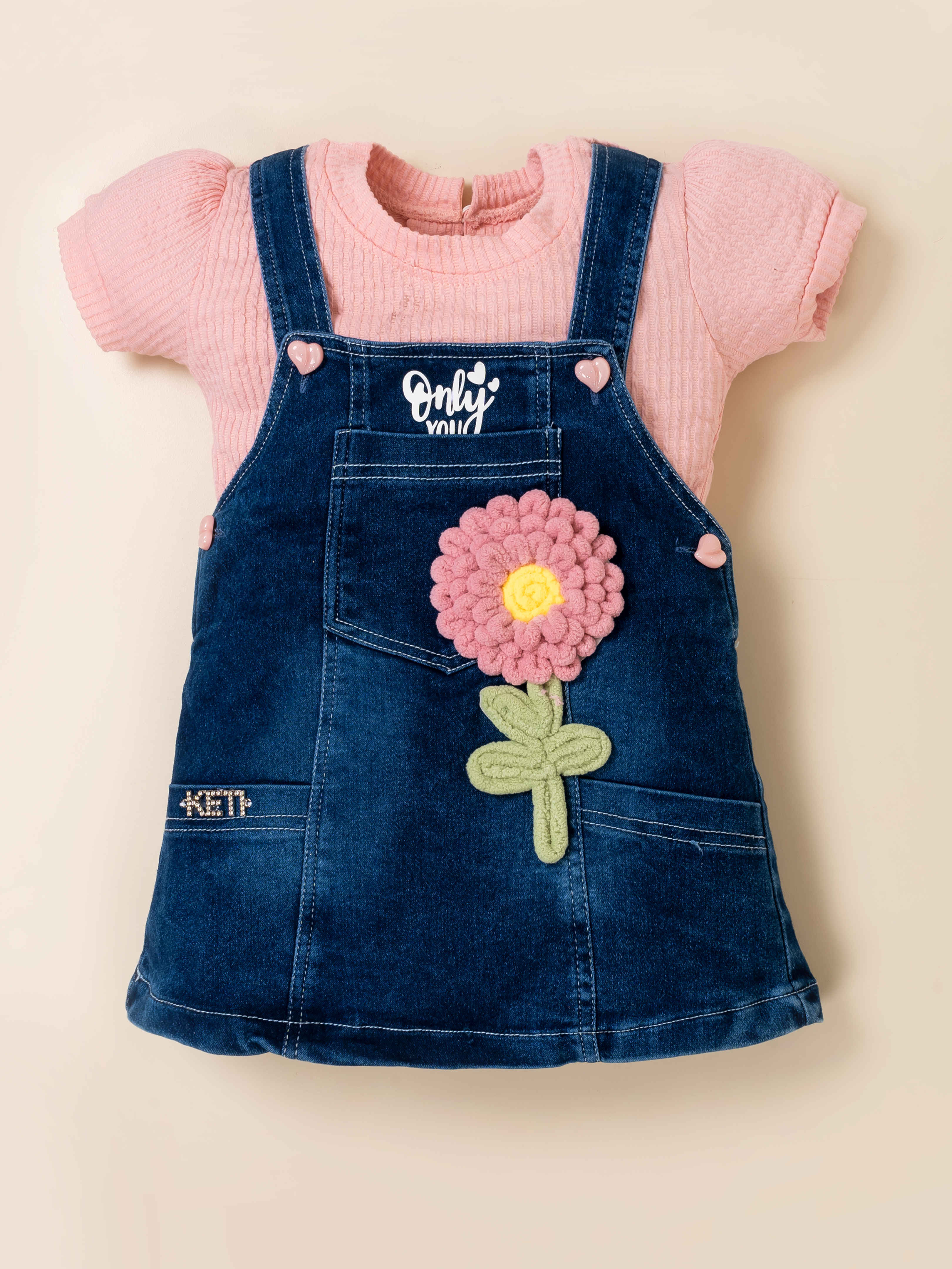 Girls Flower Denim Dungaree Dress