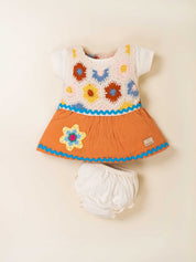 Girls Floral Crochet Knit Frock Set with Top & Panty