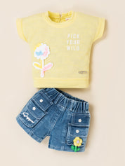 Girls Top with Denim Shorts Clothing Set