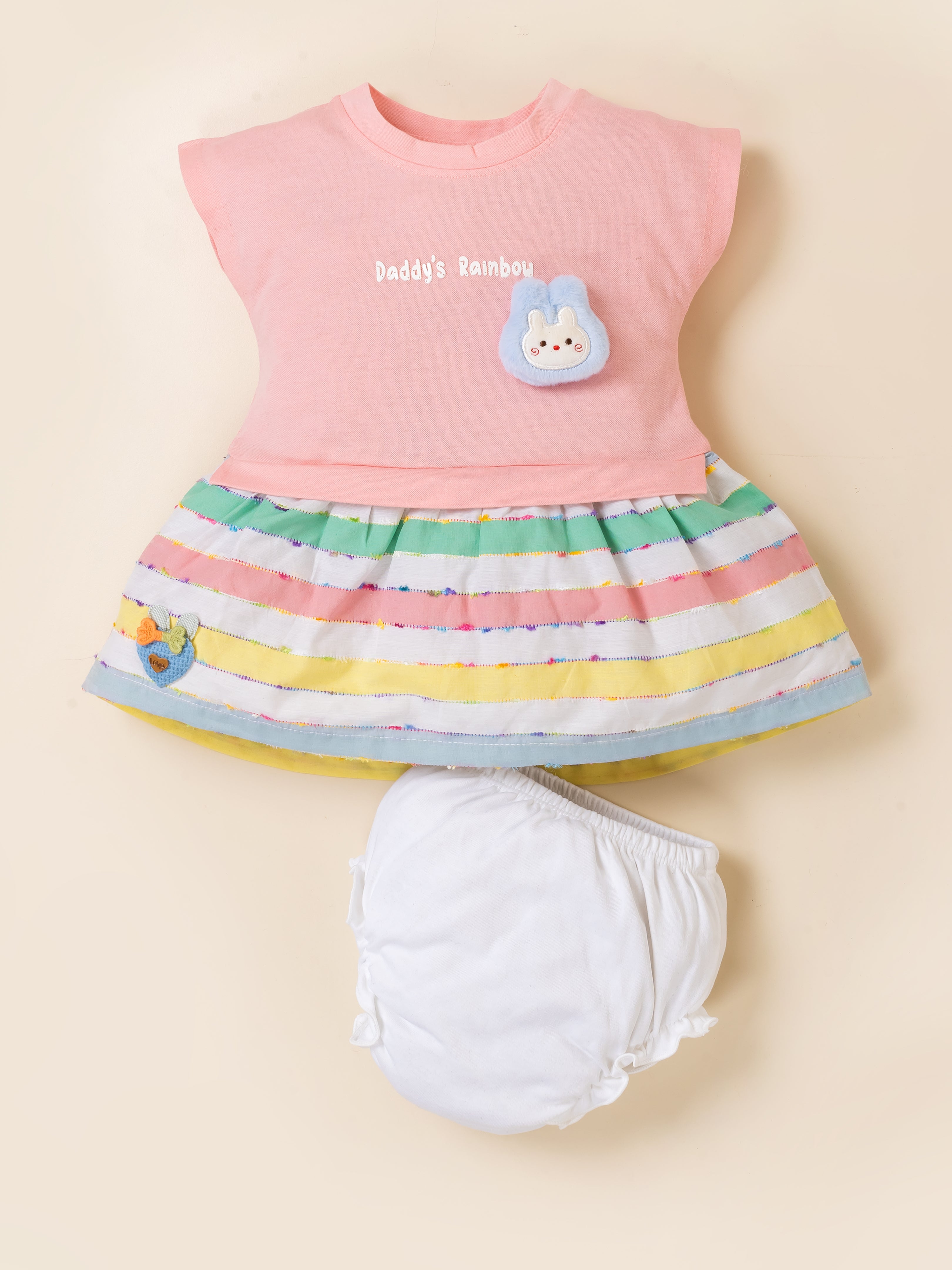 Baby Girl Cotton Frock Set with Rainbow Striped