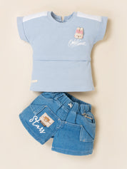 Girls Bunny Print Top with Denim Shorts Clothing Set