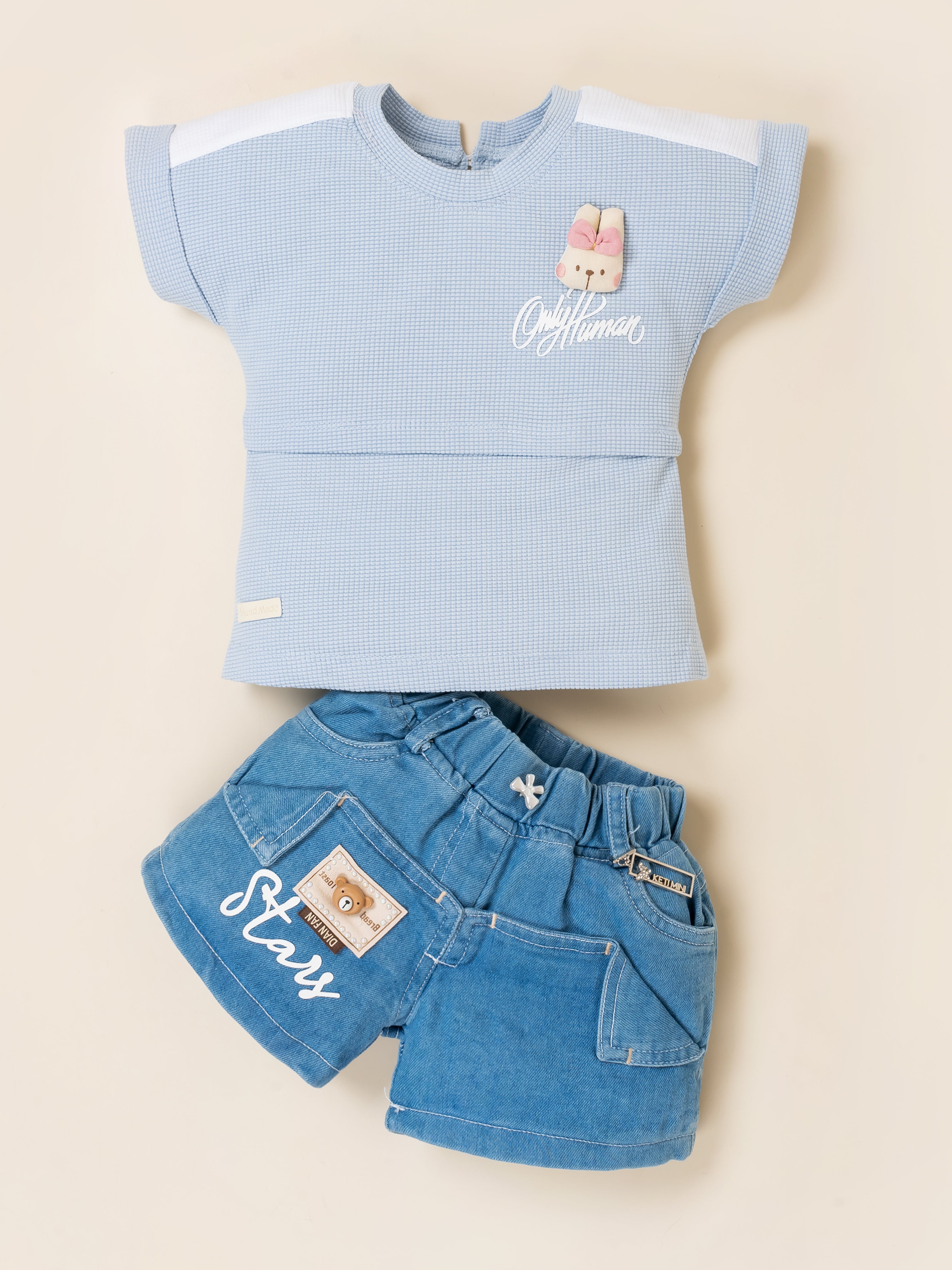 Girls Bunny Print Top with Denim Shorts Clothing Set