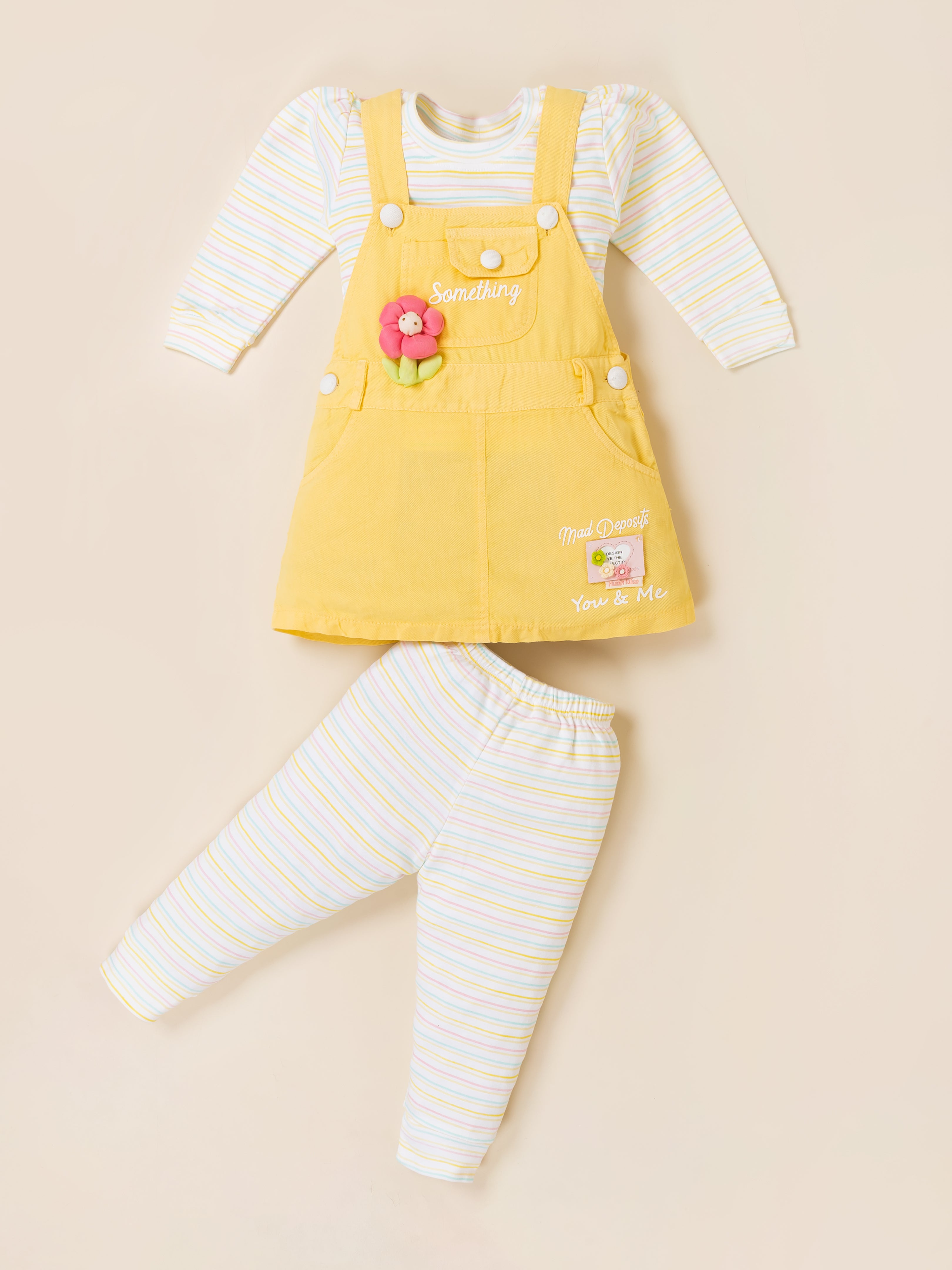 Girls Full Sleeve Top with Dungaree & Leggings Set