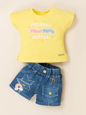 Girls Flower Applique T-Shirt & Denim Shorts Set