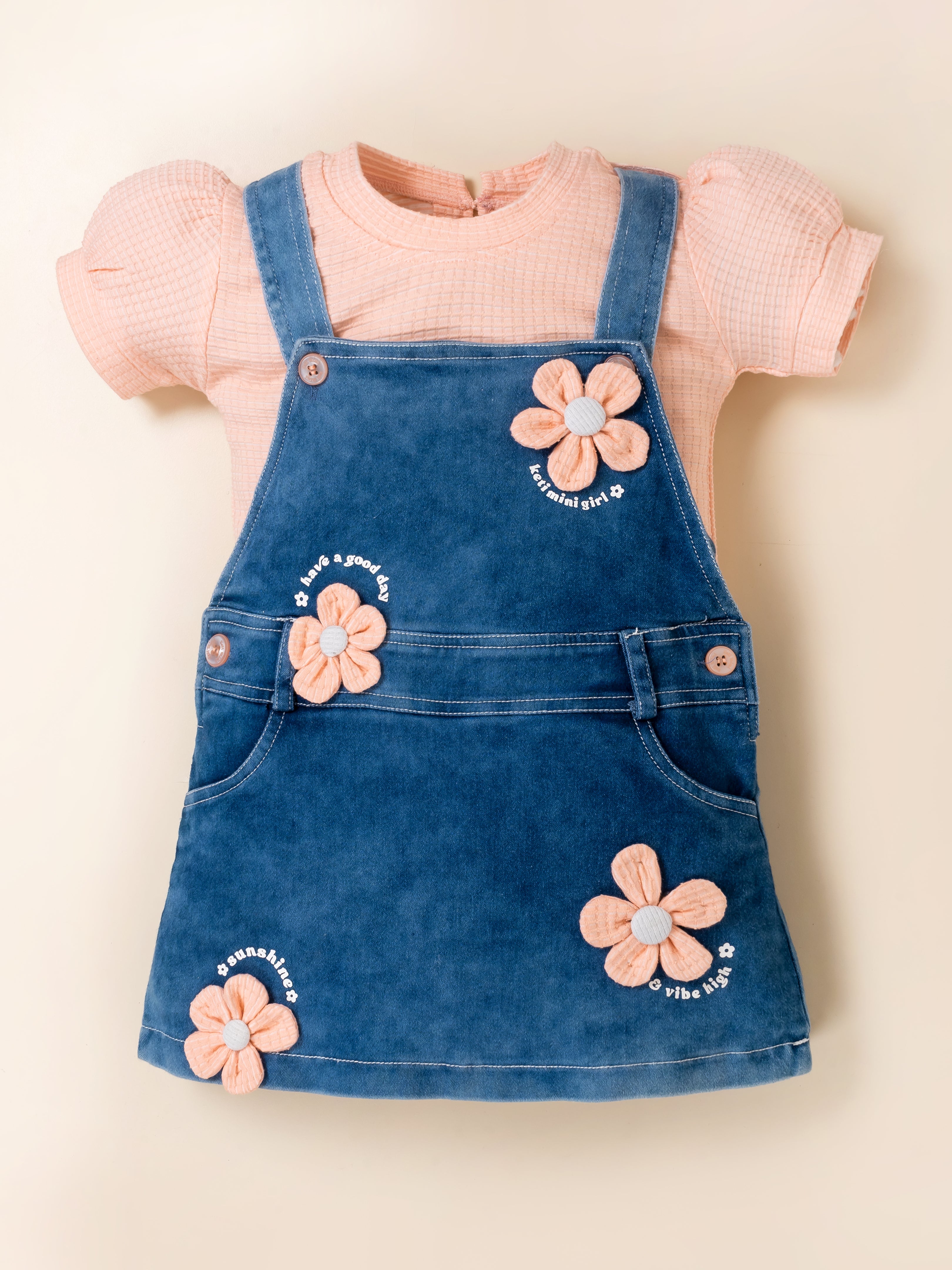 Girls Denim Flower Applique Dungaree Dress with Pink Top