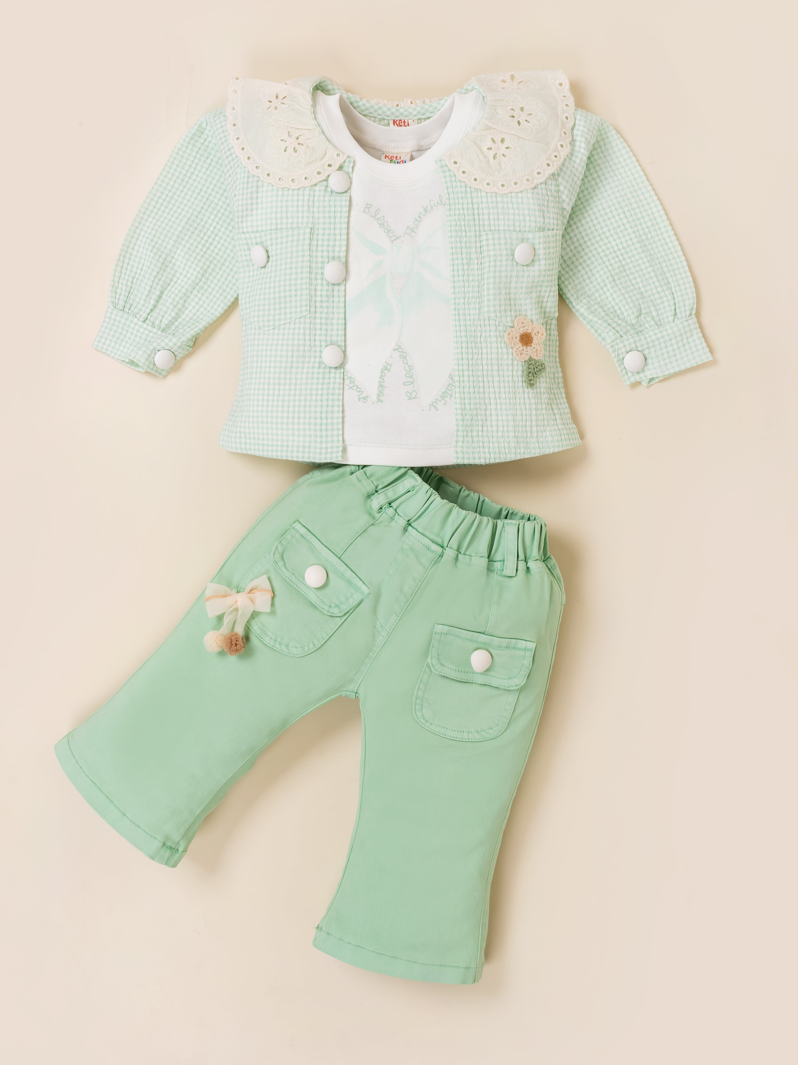 Girls Jacket, Sleeveless Top & Wide Leg Pants Set