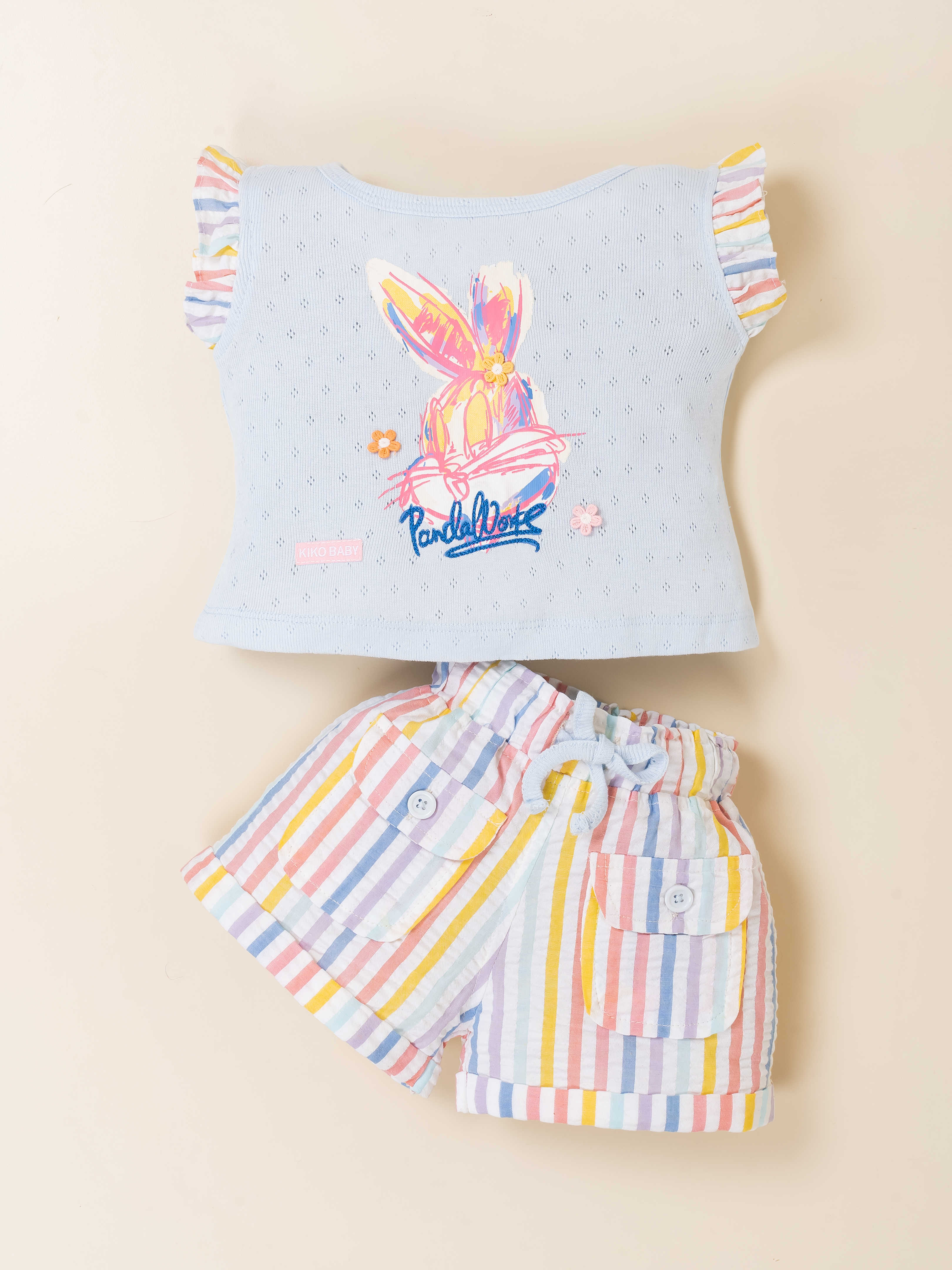 Girls Two-Piece Bunny Print Top & Striped Shorts Set