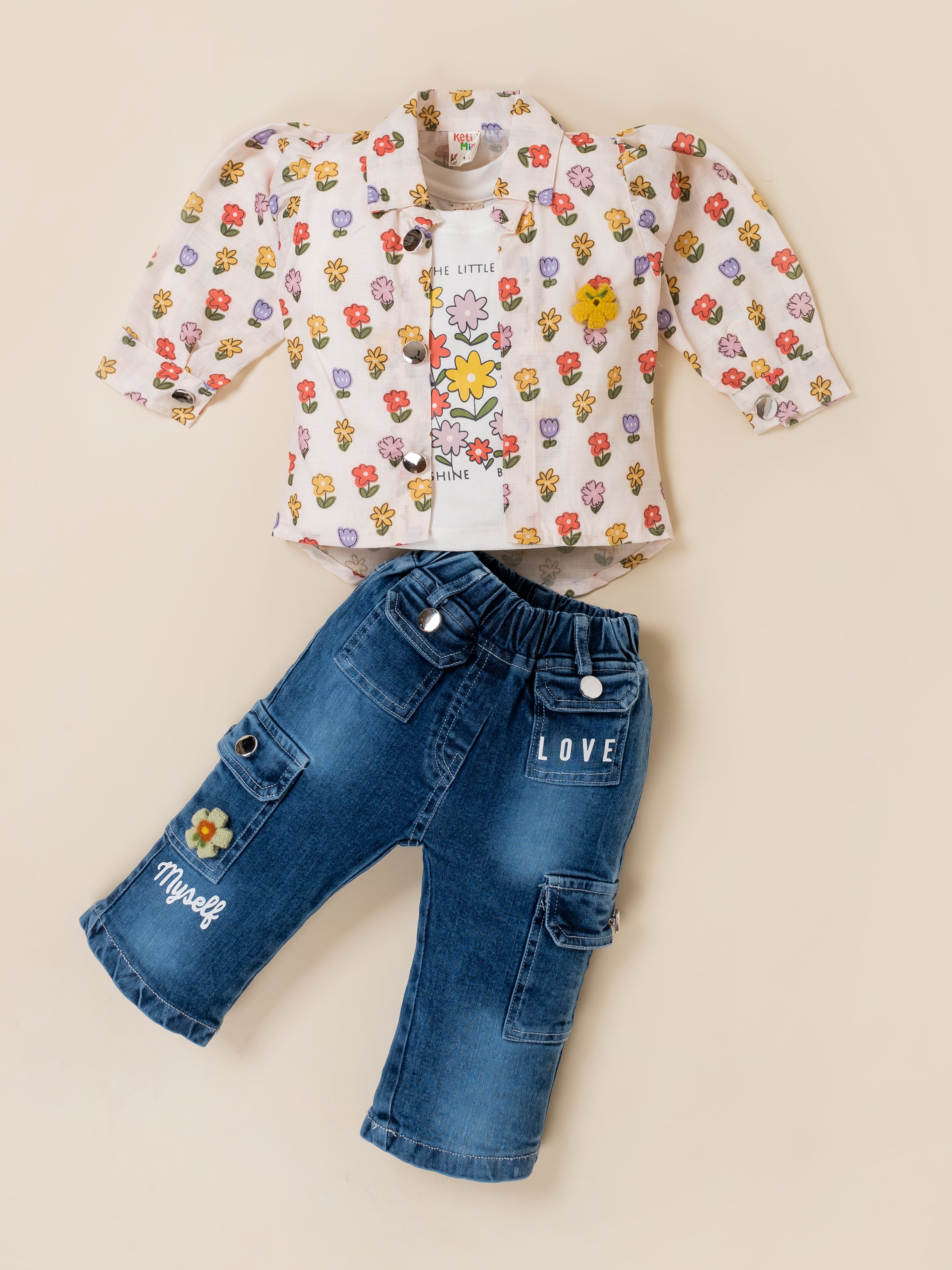 Girls Jacket, Printed Top & Wide Leg Cargo Jeans Clothing Set