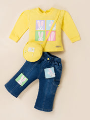 Girls Top with Denim Cargo Pants & Sling Bag Set