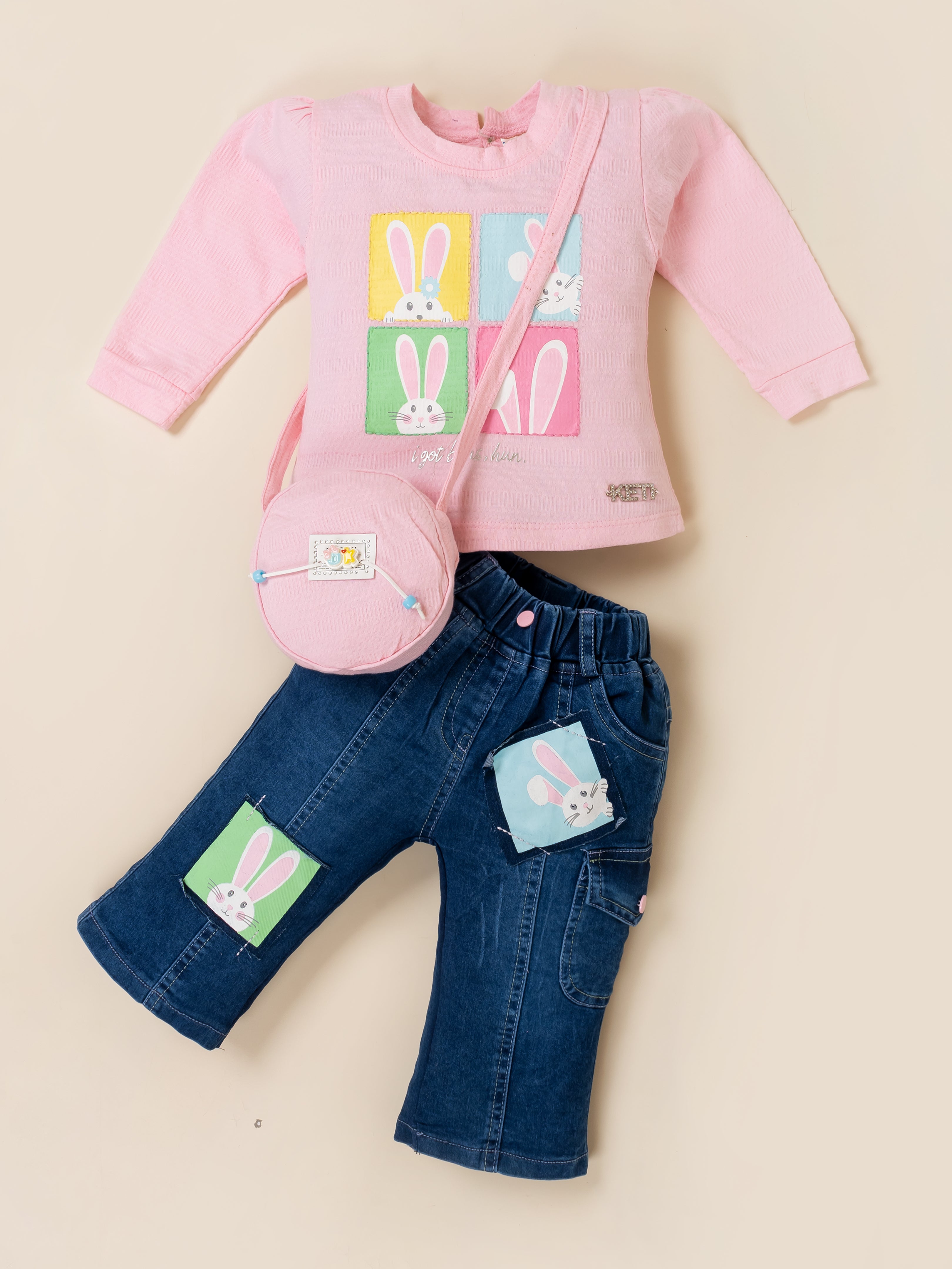 Girls Top with Denim Cargo Pants & Sling Bag Set
