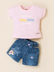 Girls Flower Applique T-Shirt & Denim Shorts Set
