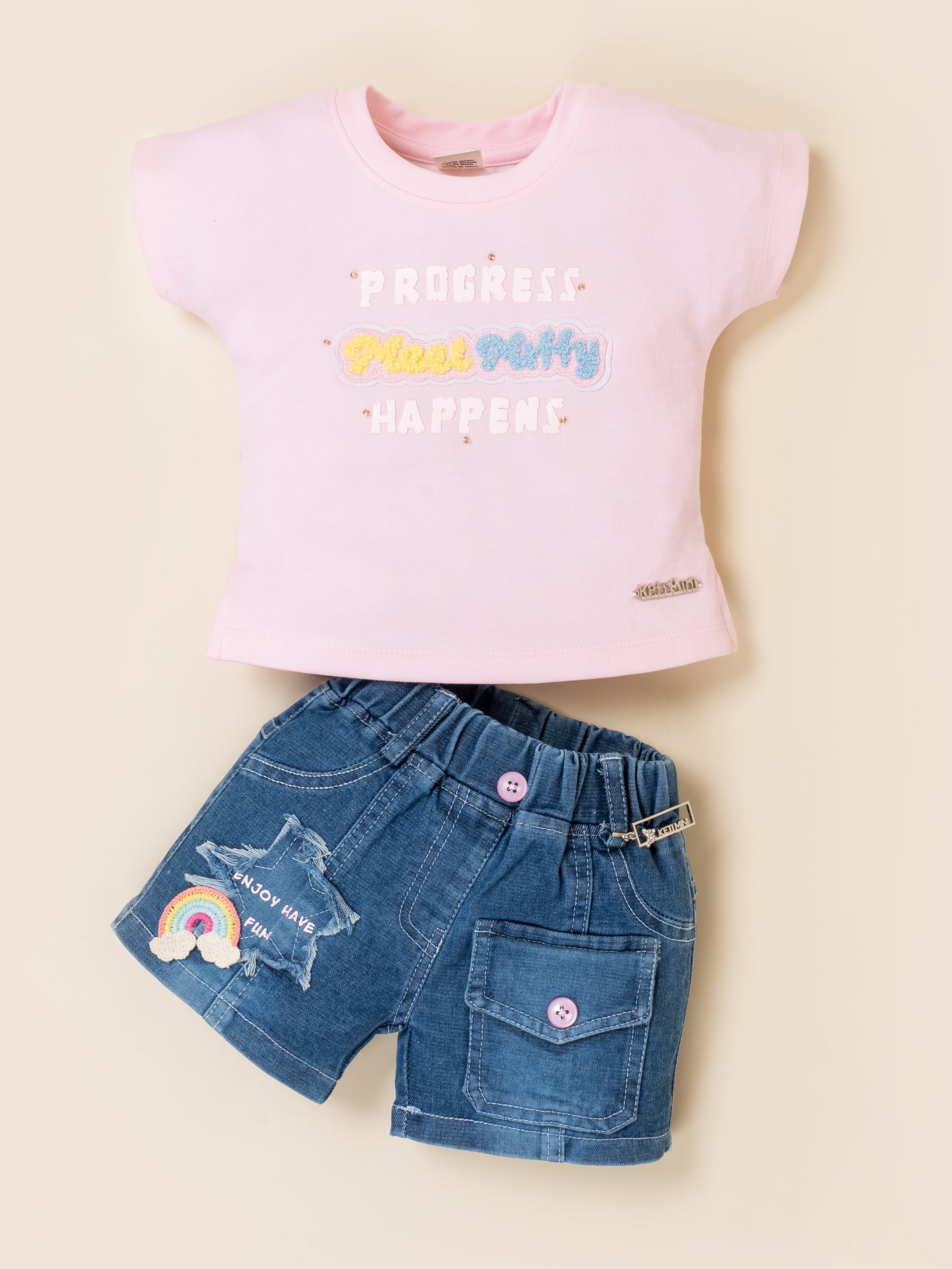 Girls Flower Applique T-Shirt & Denim Shorts Set